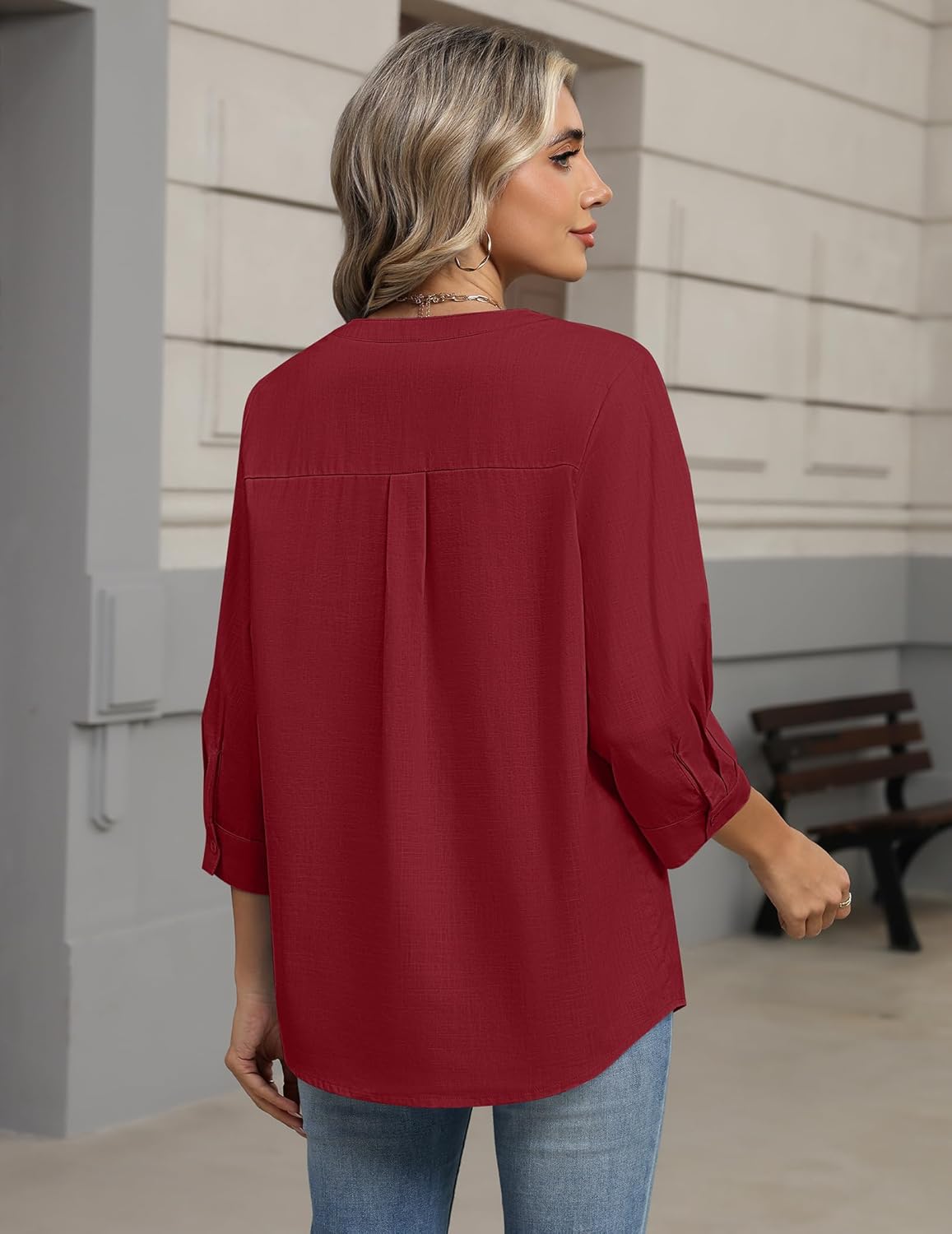 Zeagoo Button Down Shirts for Women 3/4 Sleeve Linen Cotton V Neck Tops Dressy Casual Loose Work Blouses - Image 4