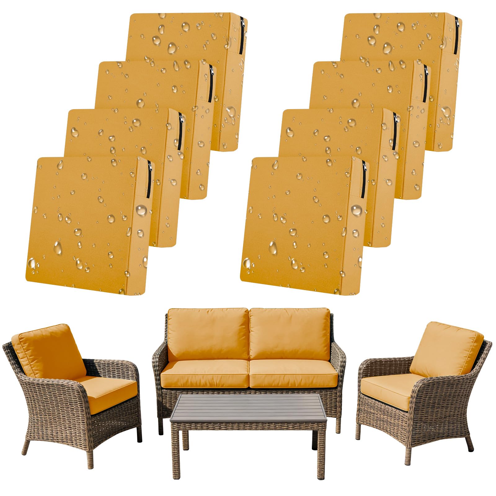 SYLC 8Pcs Outdoor Cushion Covers Waterproof Patio Cushion Covers Replacement with Zipper, Garden Rattan Sofa Seat Slipcovers Furniture Protector (Mango yellow,4pcs 65×33×10cm＋4pcs 63×68×10cm)