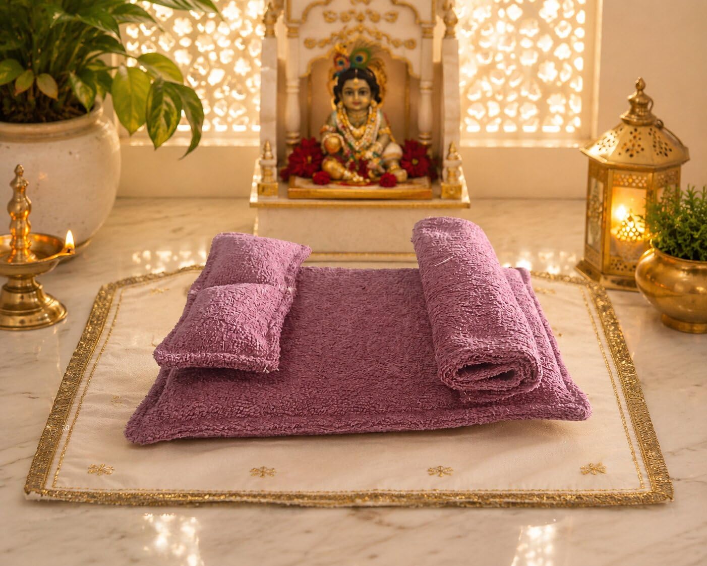 Premium Soft Velvet Laddu Gopal Bed Set with Pillow & Blanket | Handmade Kanha Ji Bedding | Krishna Idol Sleeping Mattress | Dusty Pink-image-24