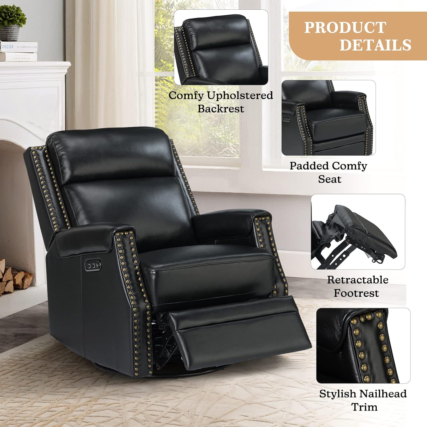 HULALA Home Power Recliner Chair with USB, Genuine Leather Electric Swivel Rocker Recliner Chair with Nailhead Trim & Metal Base for Living Room Bedroom Home Theater, Set of 2, Black