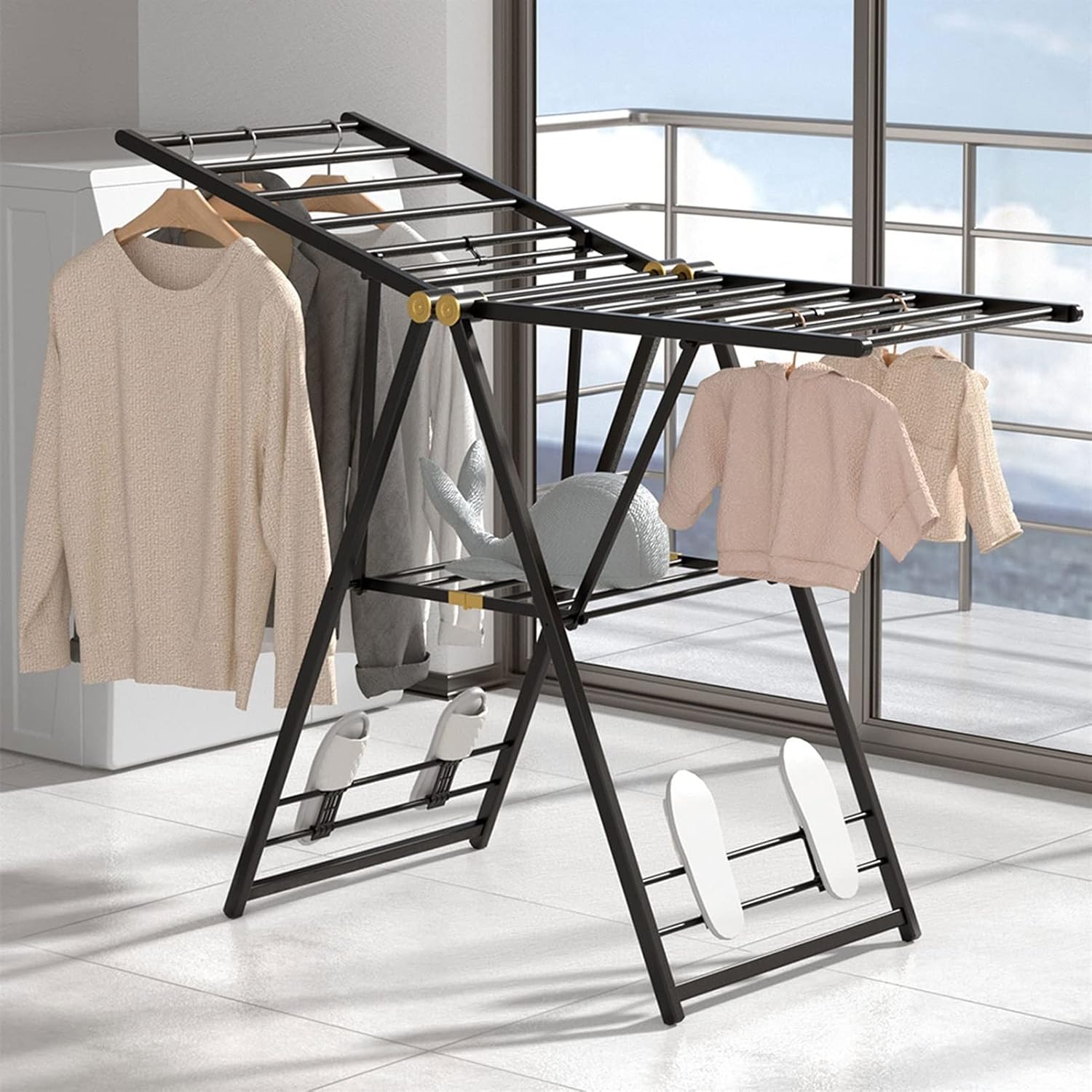 Collapsible Clothes Drying Rack Black Aluminum Alloy Telescopic Rack, Floor-to-Ceiling Foldable Wing-Shaped Laundry,