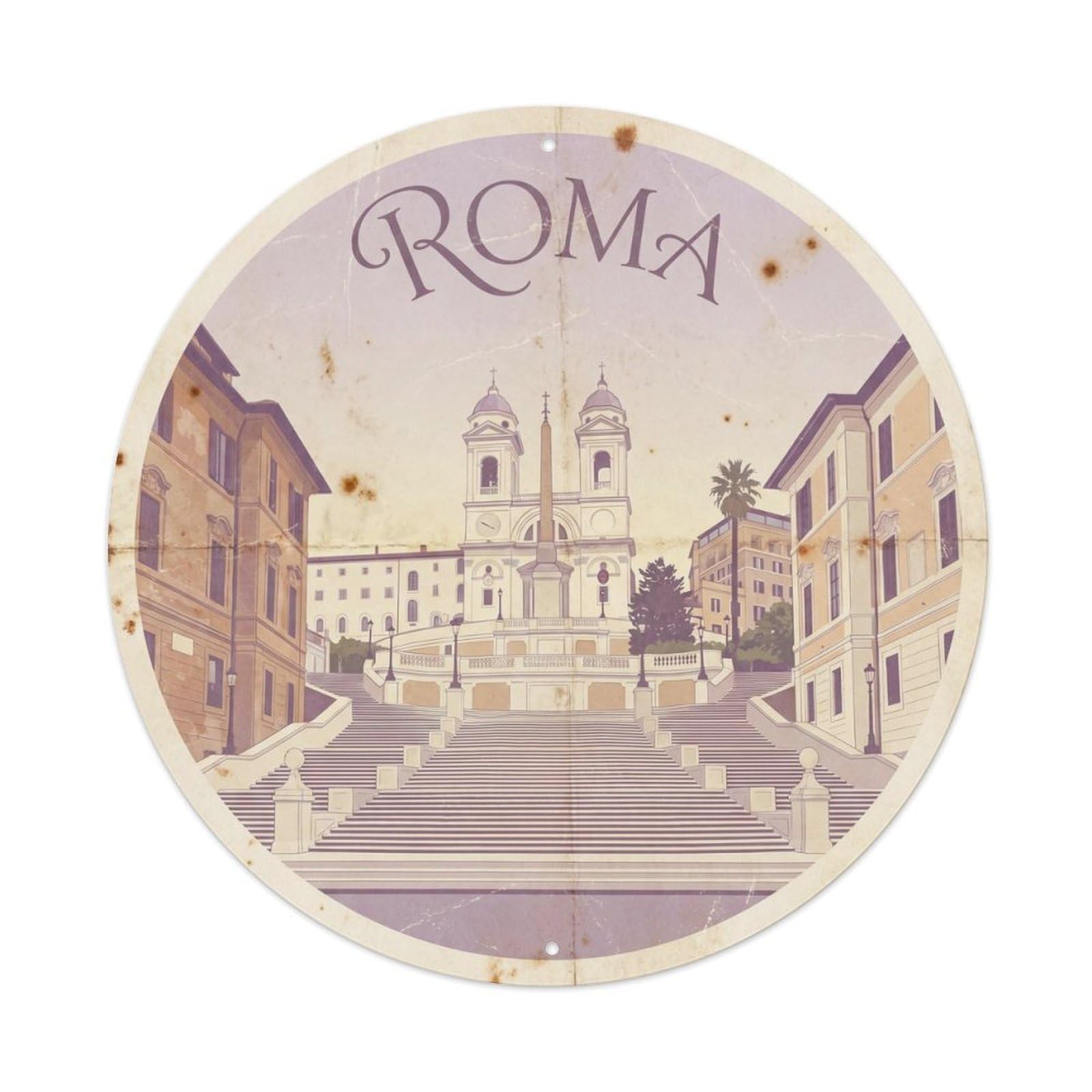 Vintage Travel Rome Spanish Steps 1 Metal Tin Sign Plaque Wall Decor for Cafe, Club Bar, Office, Home Garden Round Metal Poster 8x8Inch