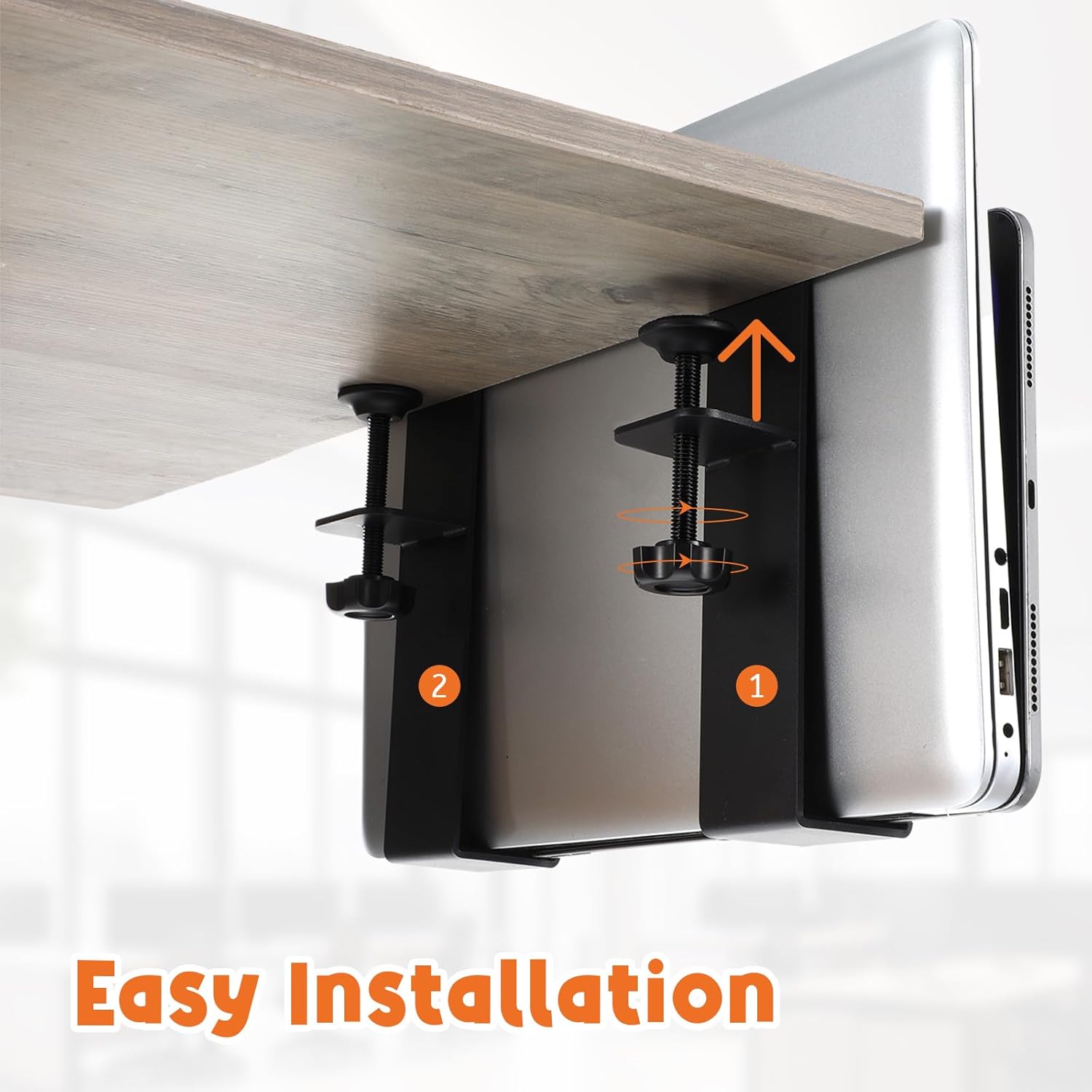 2 Pack Adjustable Desk Side Laptop Holder, Heavy-Duty Metal Desk Side Storage, Hanging Organizer with Tool-Free Clamp (6.97"x1.77", Black)