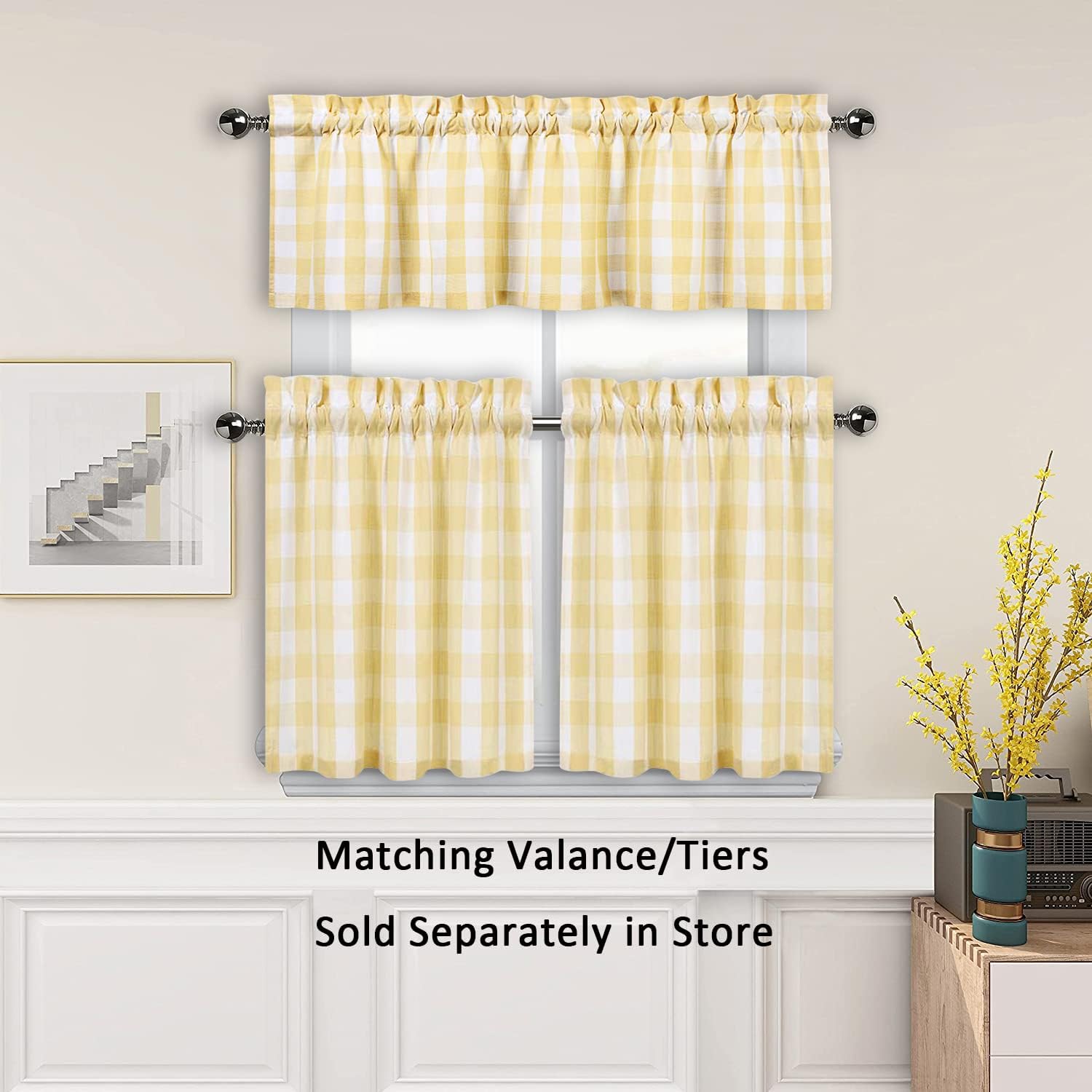 Amzdecor Buffalo Plaid Valance and Tiers Farmhouse Kitchen Curtain Yellow White Linen Sheer Check Rod Pocket Rustic Window Treatment for Living Room Kitchen,Yellow and White
