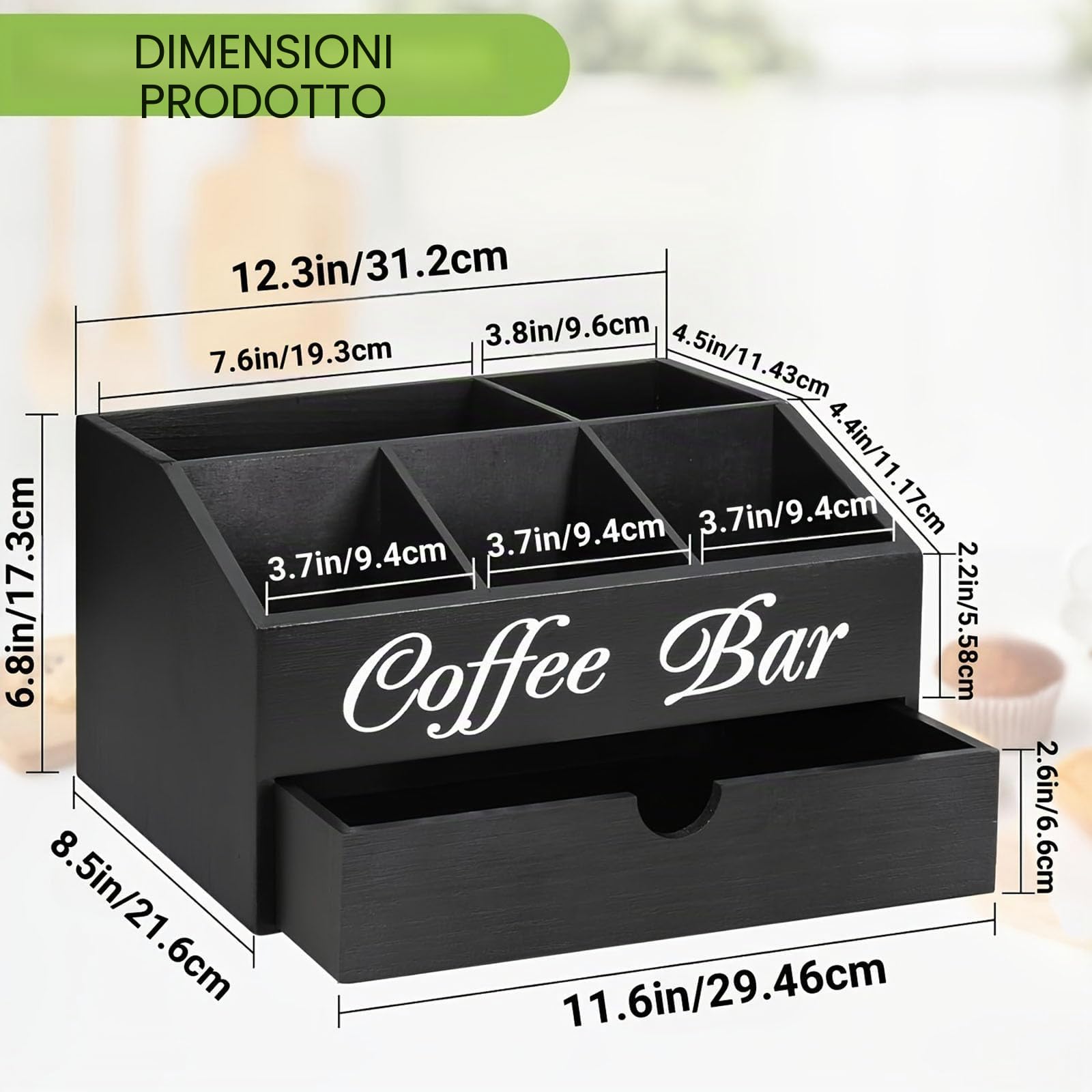Porta Cialde Caffe Porta Capsule Caffe,Portacialde da Caffè | Porta Tisane in Pineta con 1 Cassetto per Organizzare Capsule, Cialde,Tisane,Zucchero,Cannucce,Bicchierini da Caffè (Nero)