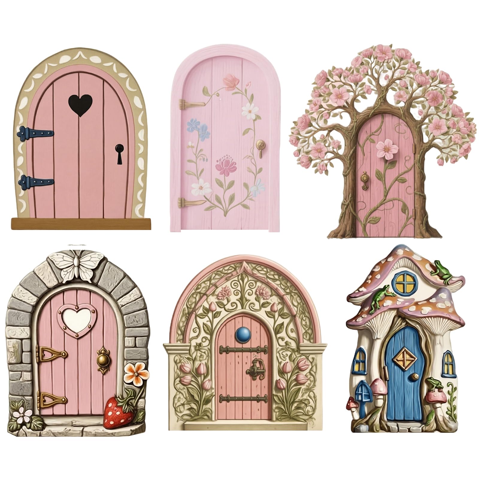 Susfyhya 6Pcs Wooden Fairy Door, Pink Fairy Garden Doors, Miniature Yard Ornaments for Garden Yard Trees, Fantasy Fairy Houses Decoration, Fairy Garden Accessories for DIY Craft, Door & Fences Decor