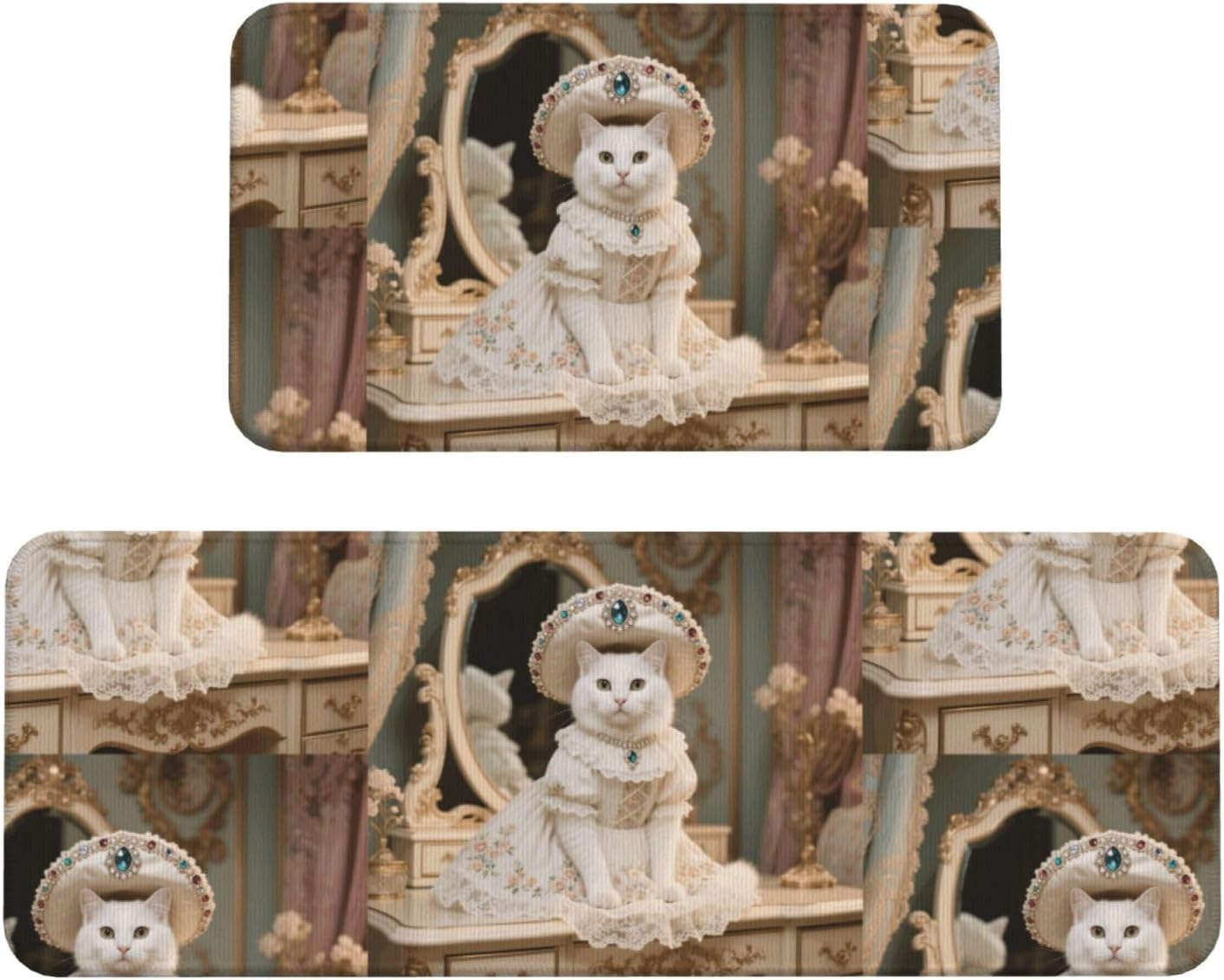 Rococo cat Kitchen Rugs Set of 2, Cushioned Anti-Fatigue Kitchen Mats for Floor, Waterproof Comfort Standing Mat Absorbent Velvet Kitchen Runner Rugs 17"x30"+17"x47"
