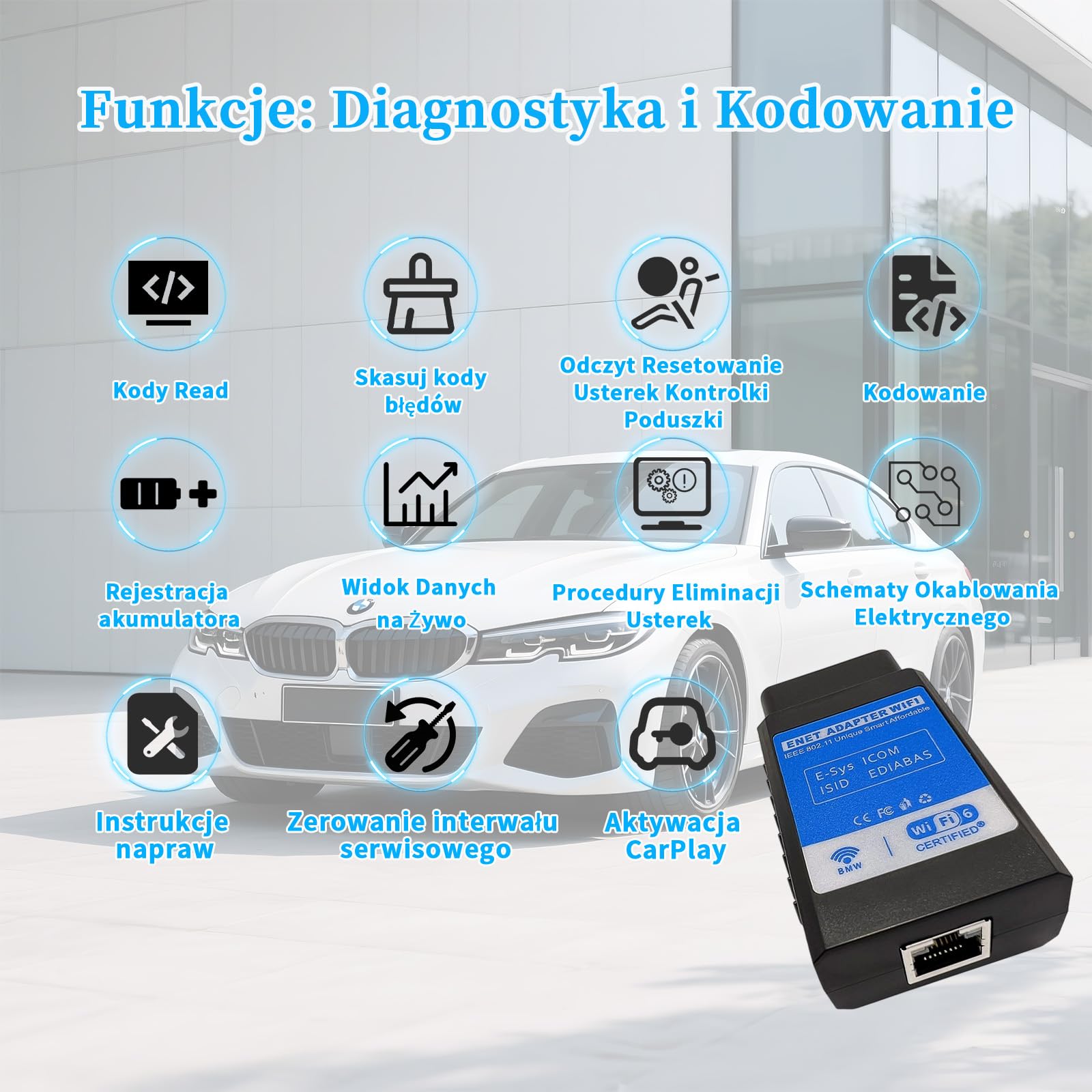 Adapter WiFi Enet OBD2 dla BMW Serii F/G/I, Mini i Supra A90/A91, Skaner Diagnostyczny, Kompatybilny z BootMod3, BimmerCode, BimmerLink, MHD