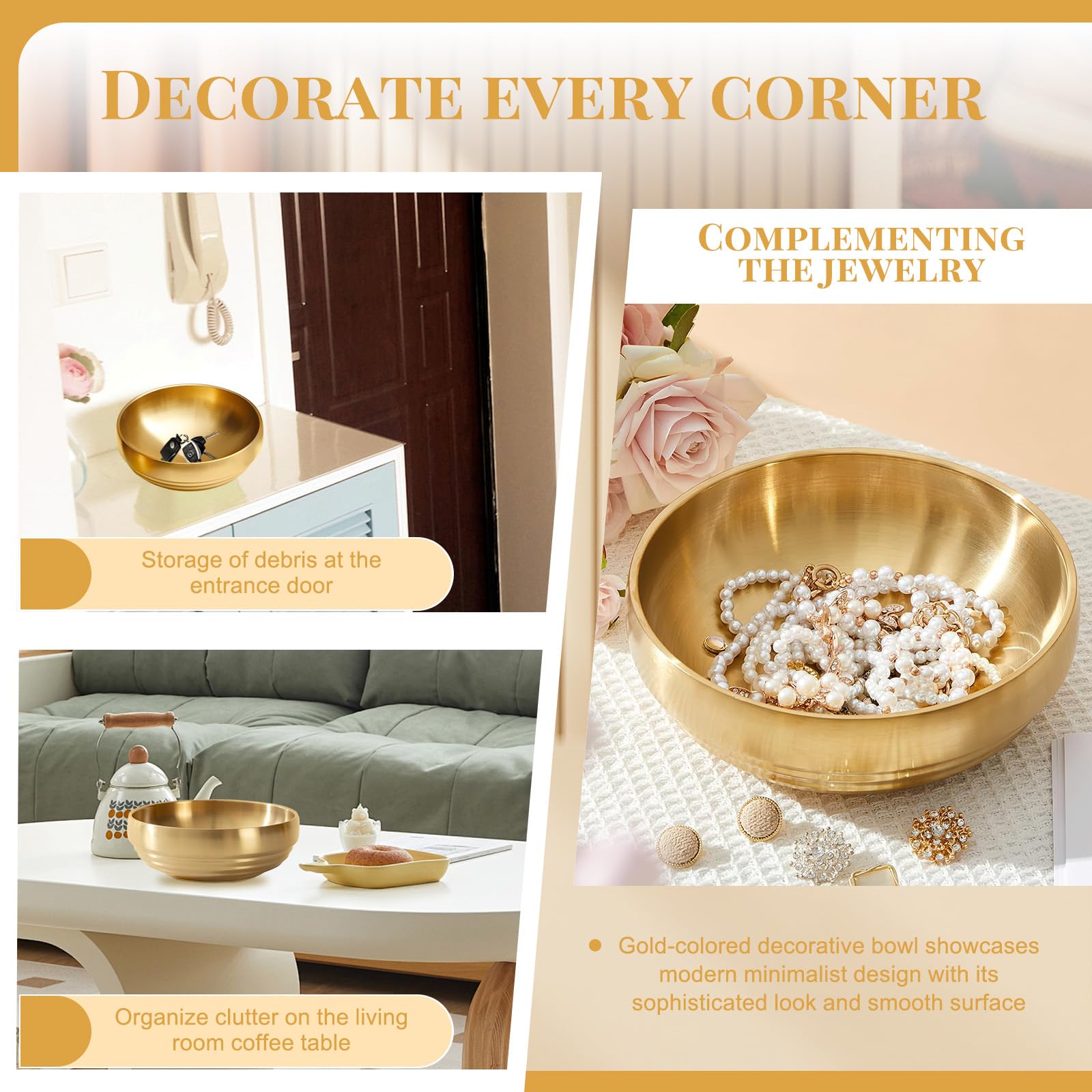 Paquete de 2 cuencos decorativos de acero inoxidable dorado, 7.2 pulgadas de metal para mesa de entrada, decoración del hogar, plato moderno para llaves para mesa de café, encimera de cocina, mesa