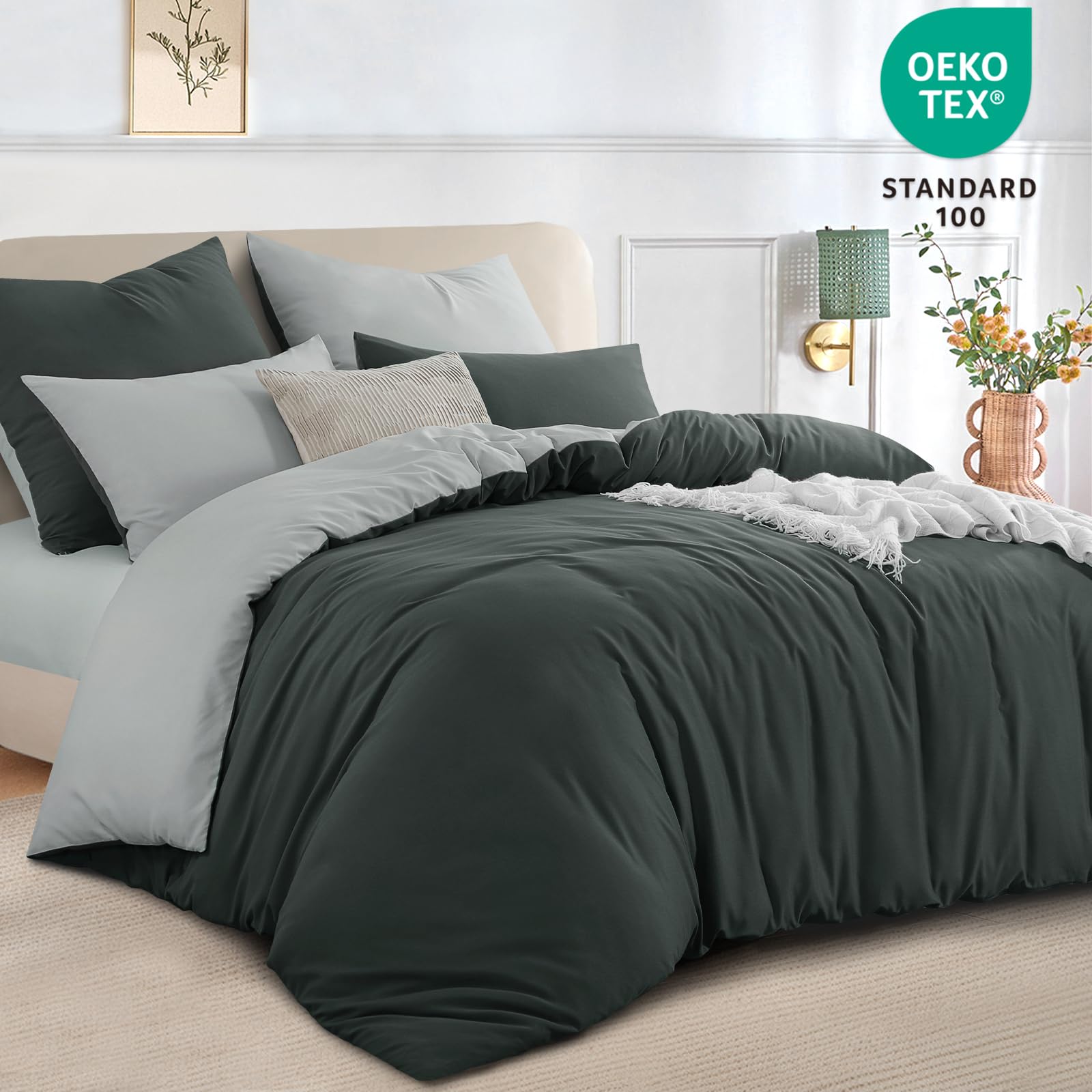 RUIKASI Dark Grey Double Duvet Set, Reversible Light Grey Duvet Cover Double Bedding Set including Zip - Image 3
