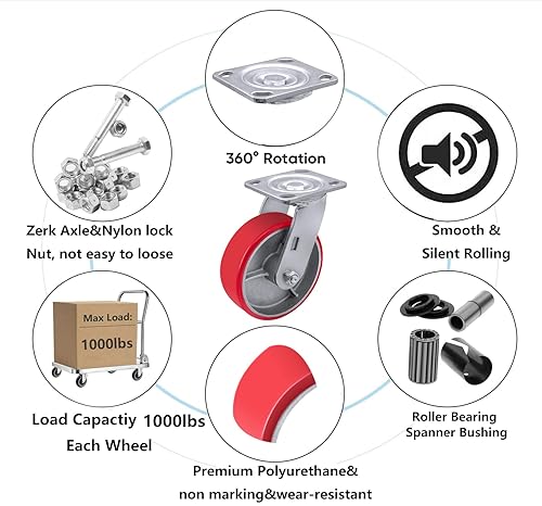 Miniatura 6 de Ruedas resistentes de 5 x 2 pulgadas, ruedas industriales de poliuretano con fuerte capacidad de carga de 4000 libras, juego de 4 ruedas