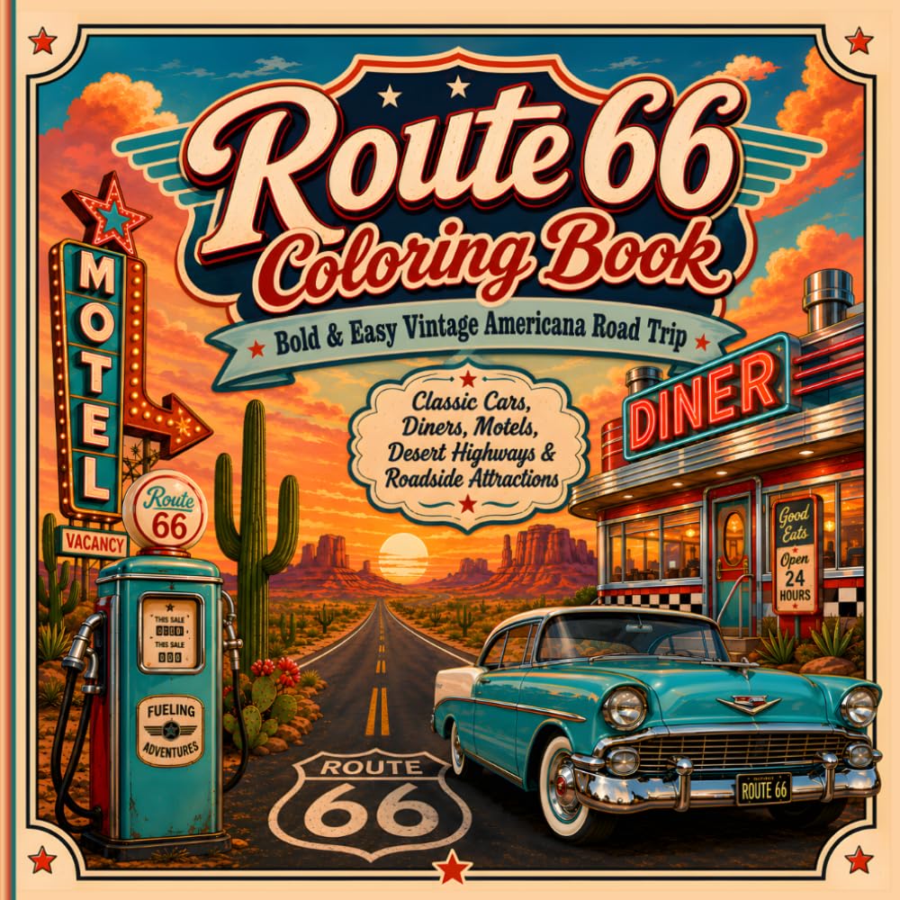 Route 66 Coloring Book: Bold and Easy Vintage Americana Designs of Classic Cars, Retro Diners, Roadside Motels, Desert Highways and Nostalgic Gas Stations for Adults, Teens and Relaxing Stress Relief