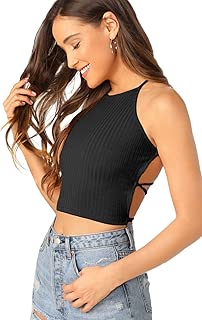 Women's Lace Up Backless Ribbed Halter Crop Top - coolthings.us