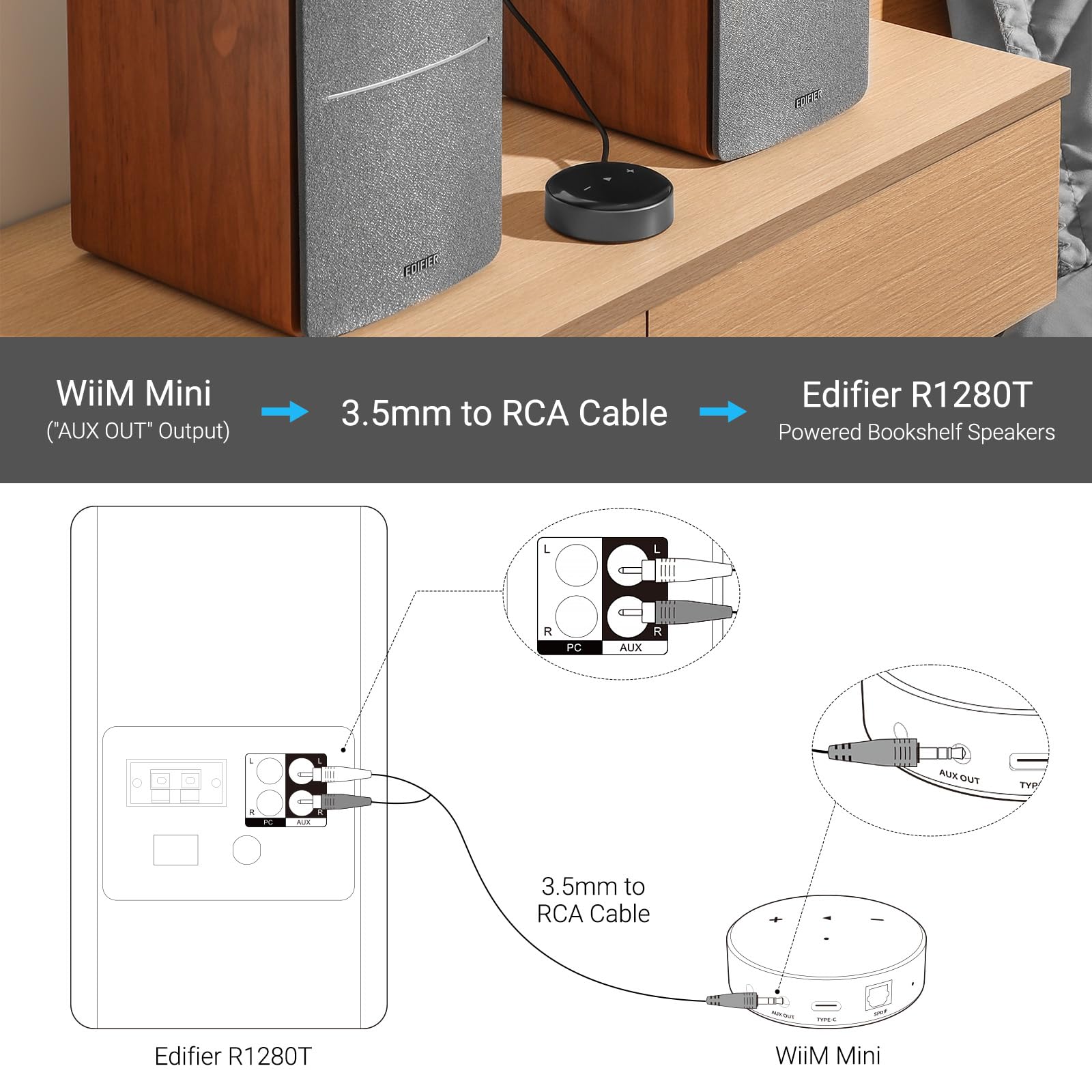 Edifier Powered Bookshelf Speakers R1280T with WiiM Mini AirPlay2 Wireless Wi-Fi Audio Streamer, Stream Hi-Res Audio from Spotify, Amazon Music and More