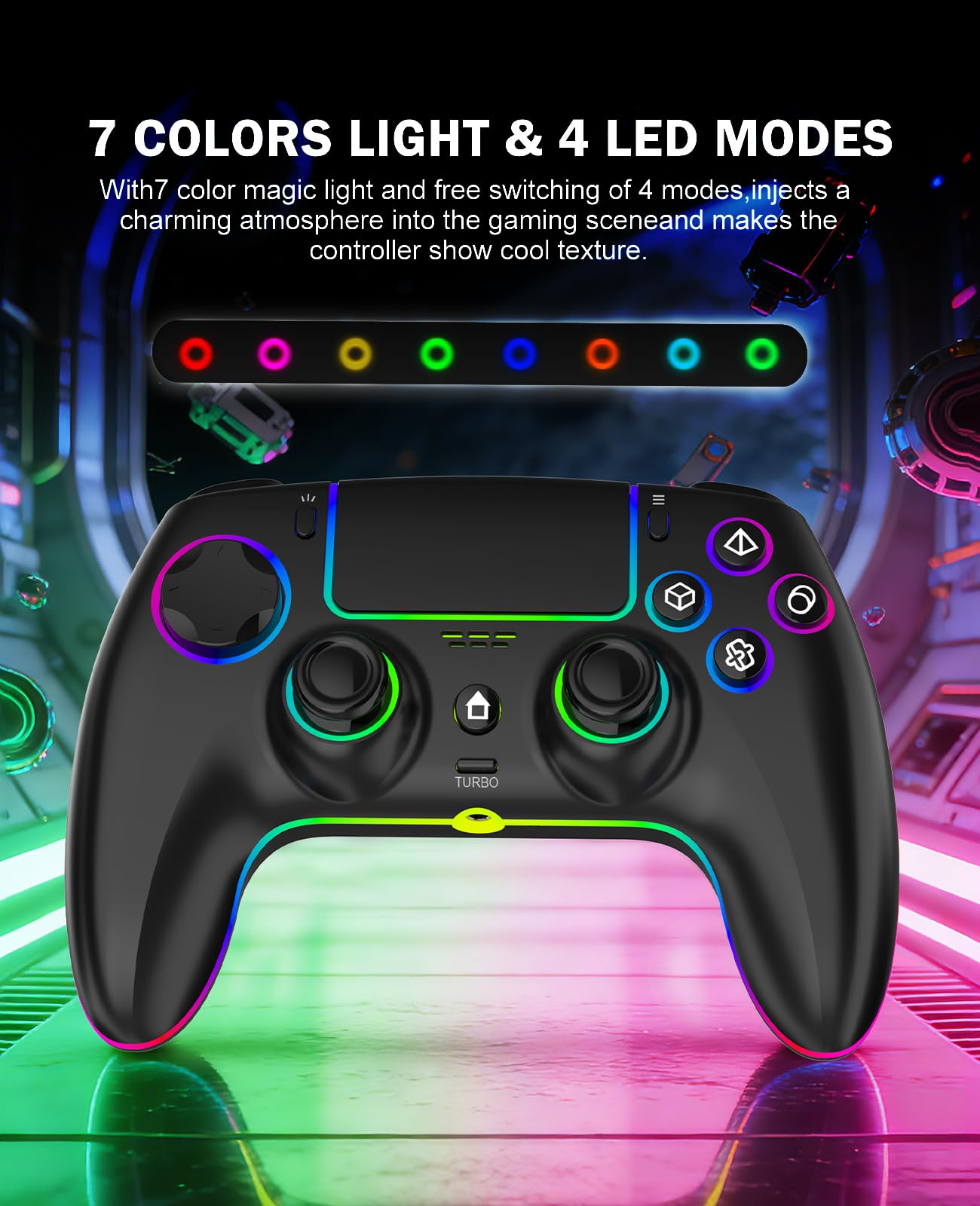 QIVORO Wireless Controller for PS-5/Pro/PC/Steam Deck/Mac/iOS/Android, Gamepad with Hall Effect Joystick, Dual Vibration, Turbo, Programmable Buttons (7 RGB Lighting, Touchpad, 1500mAh Battery) — view 3