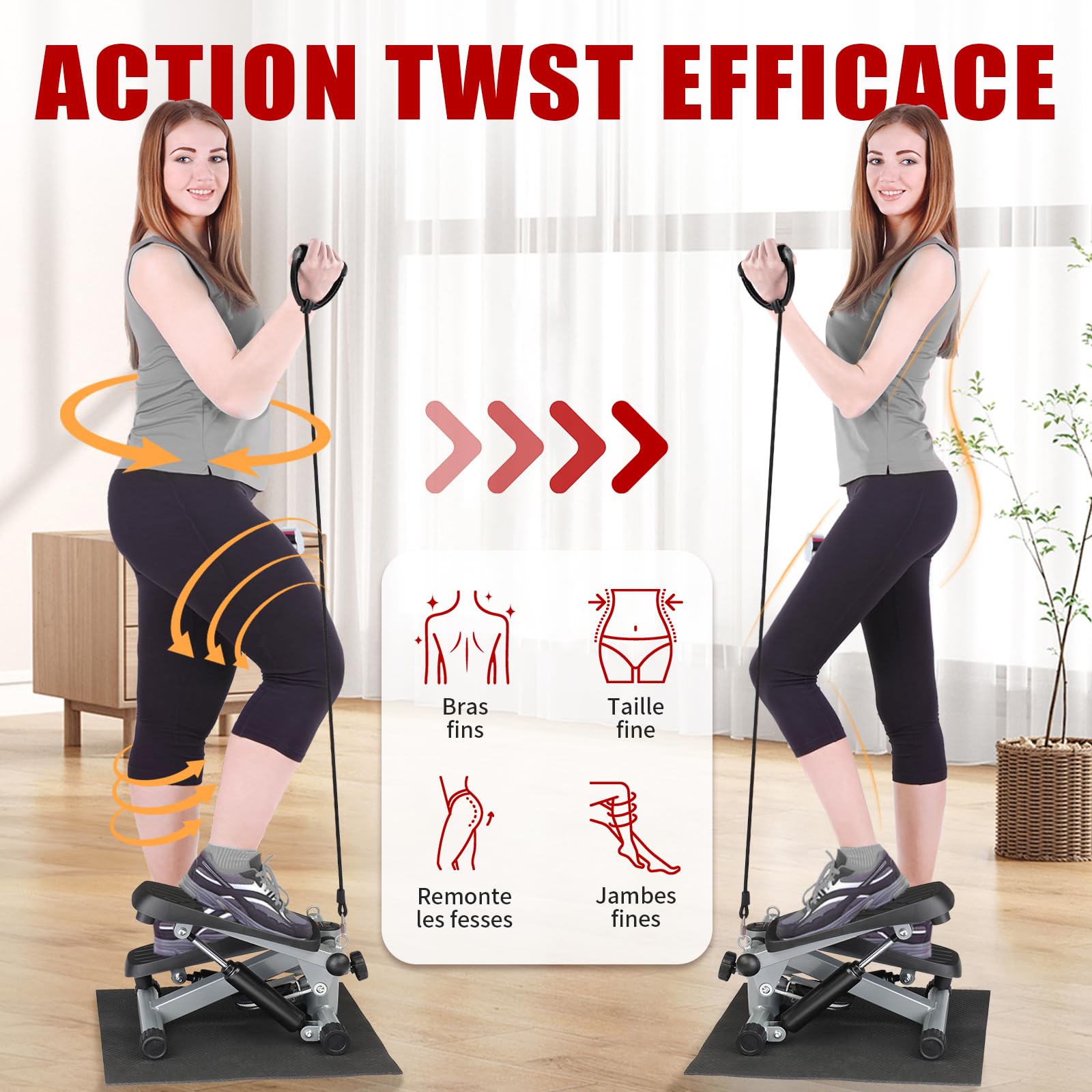 LEADZM Mini Stepper avec Coussinet Silencieux, Stepper de Fitness avec Bandes de Résistance, Écran LCD, Compteur de Calories, pour L'entraînement des Jambes et des Bras Fessiers, Noir et Argent