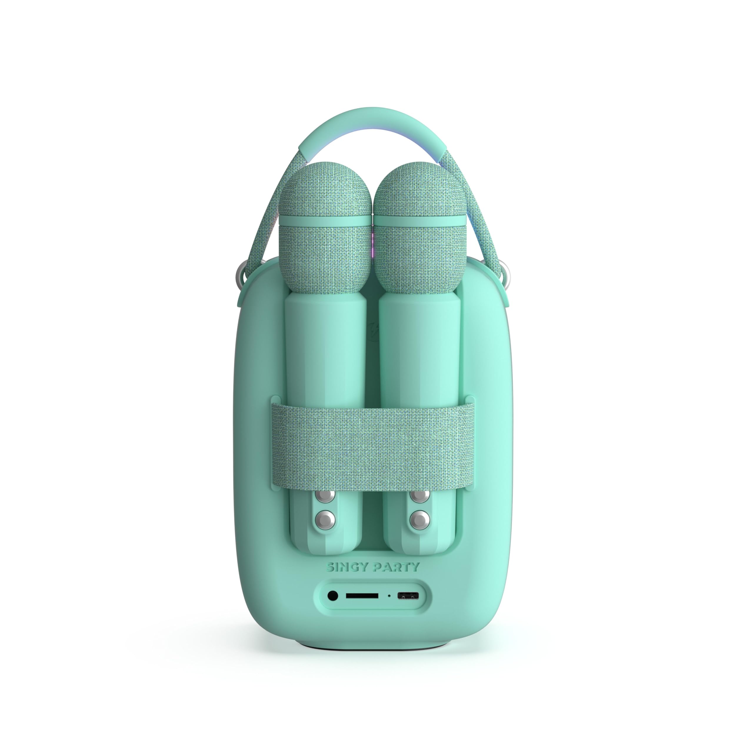 Mob - Singy Party Enceinte Karaoké Portable pour Enfant et Adulte - Projecteur Disco, 2 Micros sans Fil pour Chanter en Duo, Rechargeable USB-C, Carte SD - Idée Cadeau (Menthe)