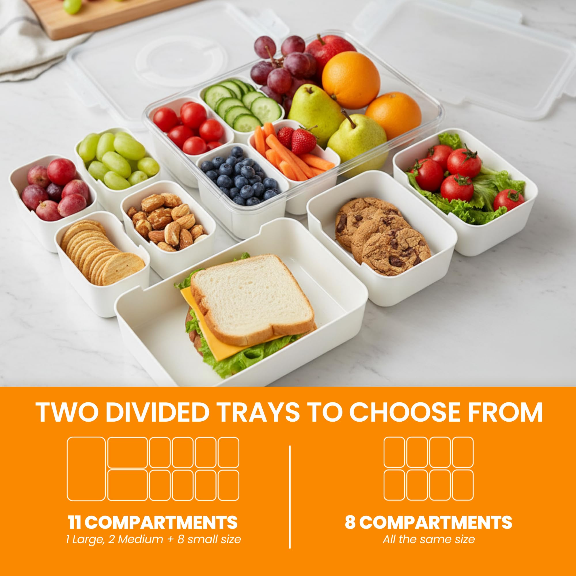 Bandeja dividida para servir con tapa y asa, recipiente de plástico sin BPA apto para lavavajillas, con 11 compartimentos extraíbles, organizadores de almacenamiento portátiles multiusos