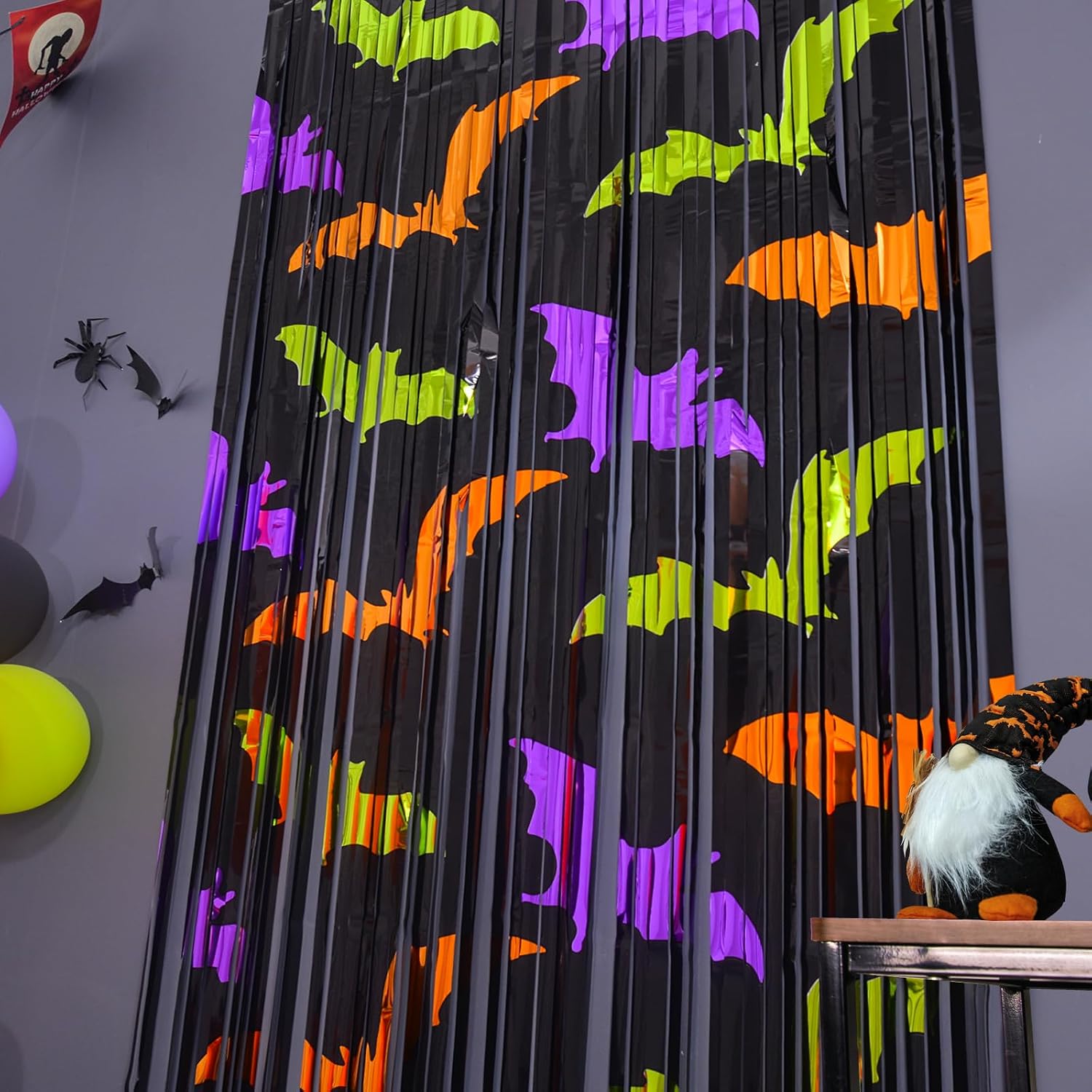 Mega-L Halloween Party Decorations, Bat Pattern Photo Backdrop, 4 Pack | Halloween Photo Booth Props, 3.3 X 6.6 ft, Metallic Foil Fringe Curtains, Spooky Photo Backdrop, Halloween Streamers