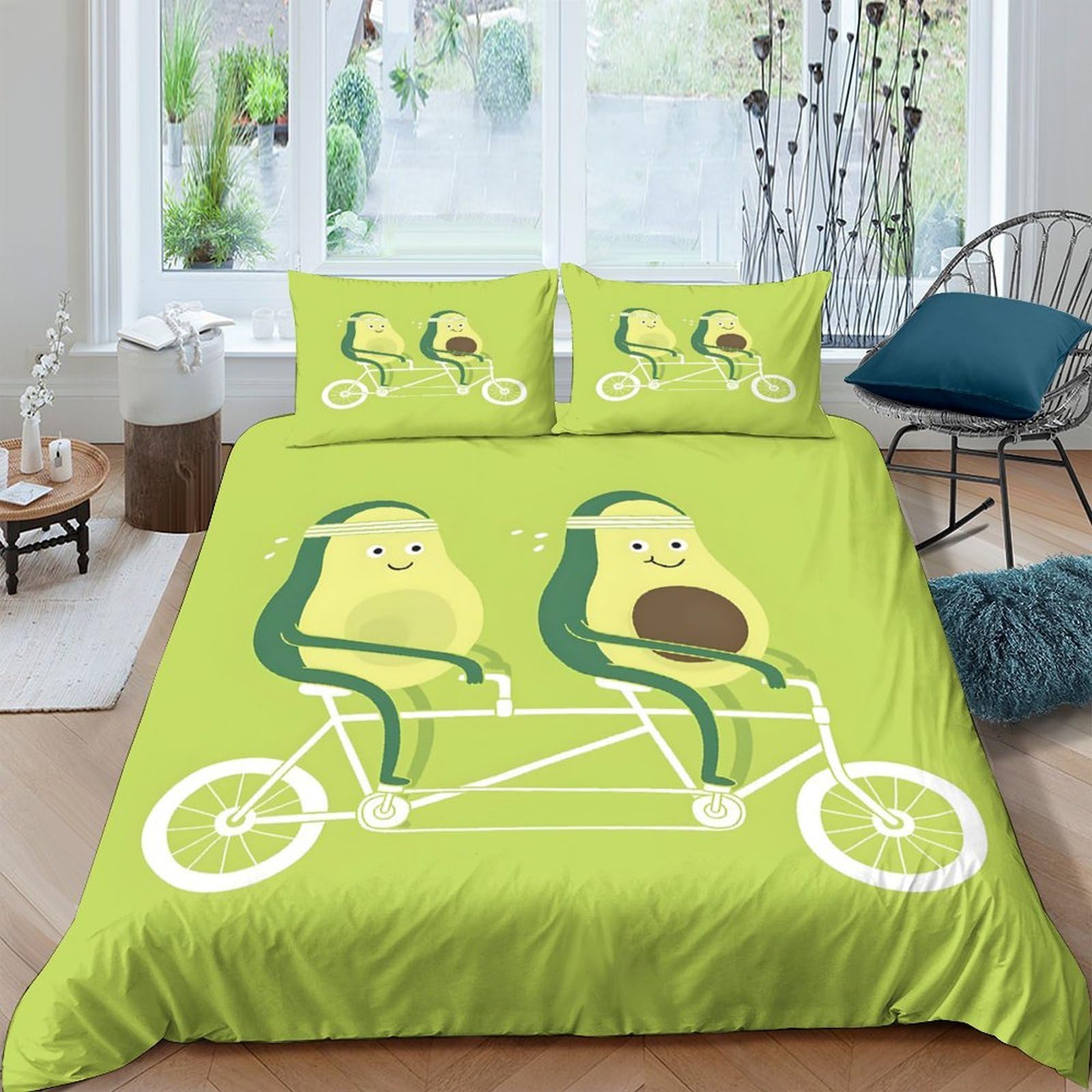 GPLZQXKJNH 3D Printed Avocado Bicycle Duvet Cover Microfiber Green Fun Fruit Bedding Set with 2 Pillowcases Adult Teen Bedroom Decor Single（135x200cm）