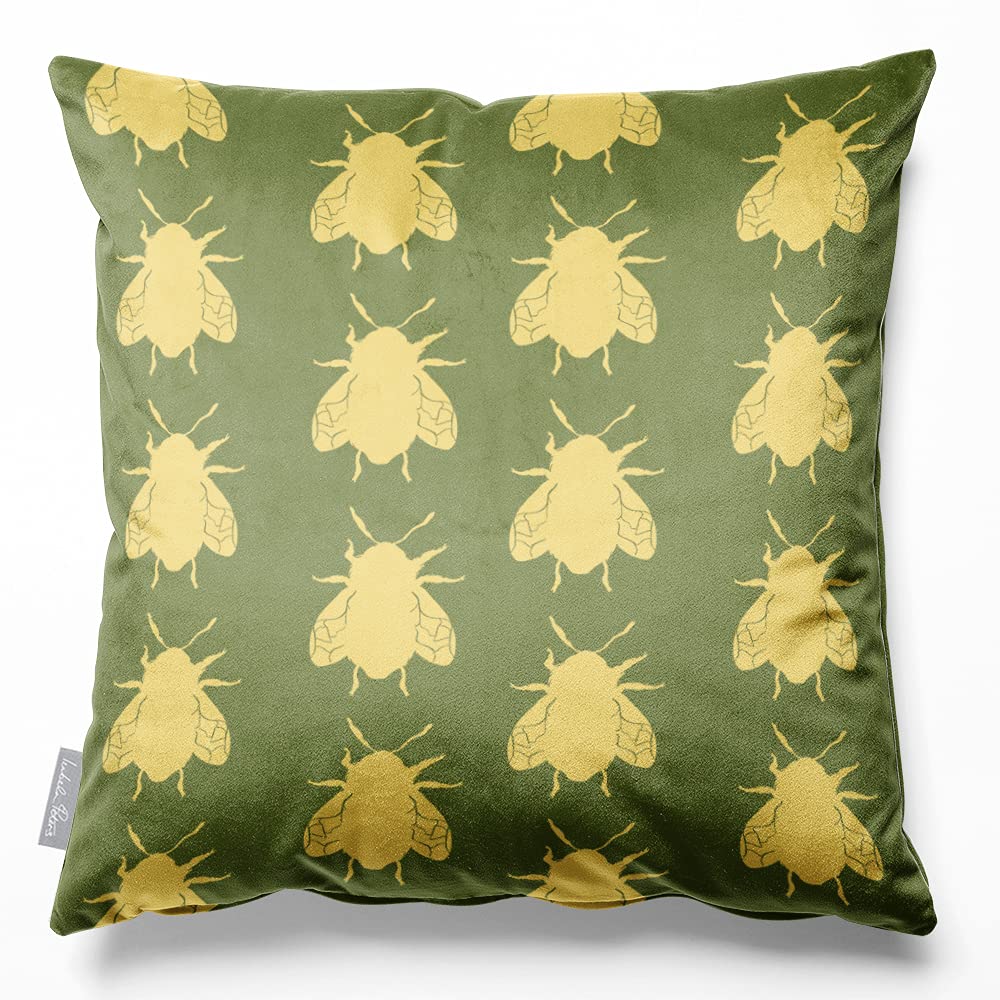 Izabela Peters Bees - Sage Cushions With Covers Included, Filled Cushion, Eco-Friendly Velvet Cushions, 60 Cm, Chair Cushions, Sofa Cushions, Seat Cushions, Large Cushions