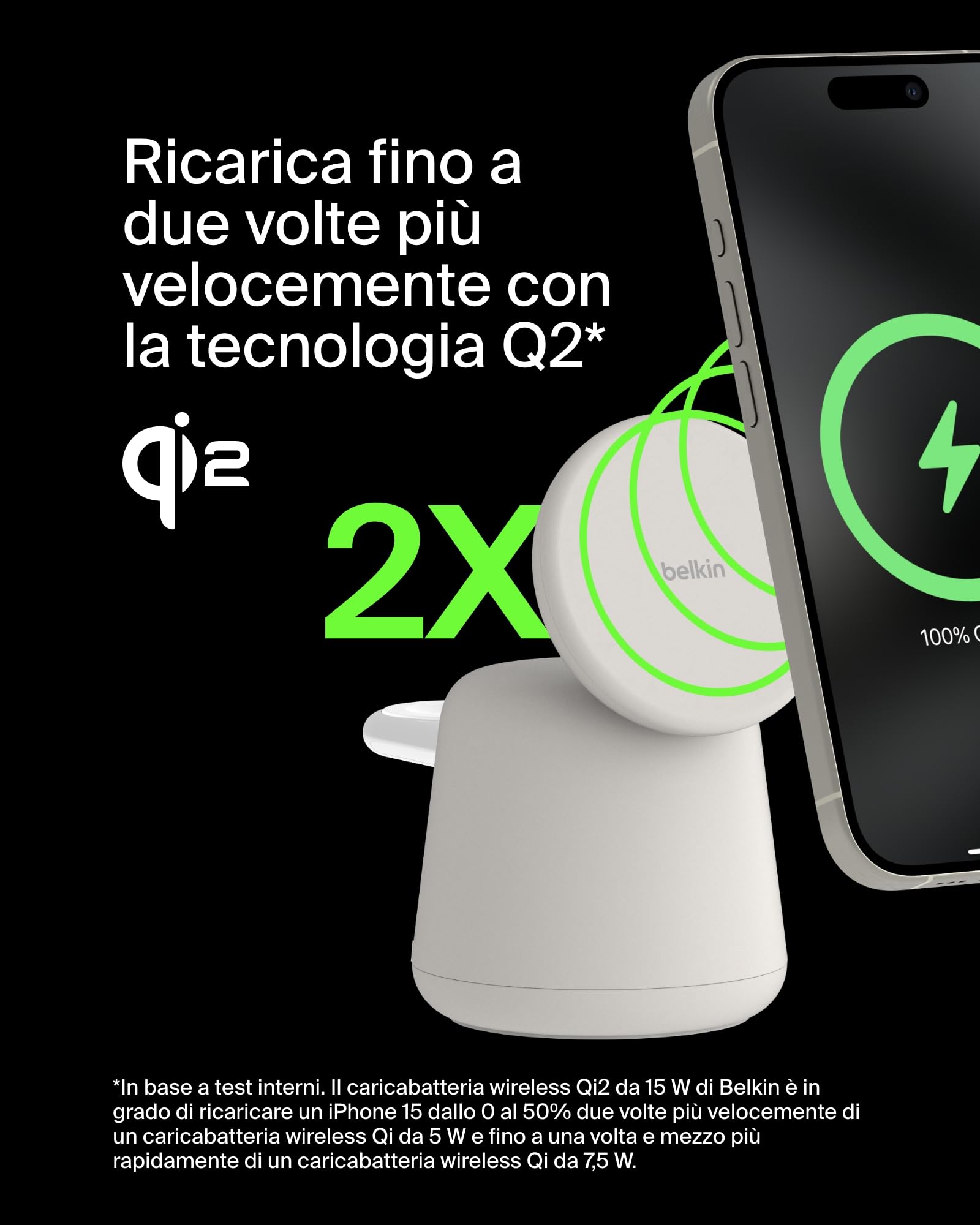 Belkin BoostCharge Caricabatteria wireless 2 in 1 con Qi2 da 15 W, caricatore MagSafe per iPhone 16, 15, 14, 13, 12, Apple Watch, AirPods e altri dispositivi Qi2, alimentatore incluso, grigio sabbia