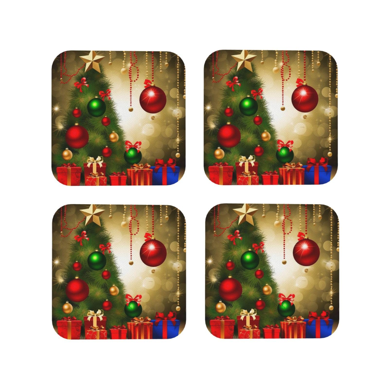 4Pcs PU Leather Coaster for Drinks, Merry Christmas Cup Coastersr 4" Cup Mat Pad, Aesthetic Drink Coasters for Coffee Table, Square Coaster for Tabletop Protection