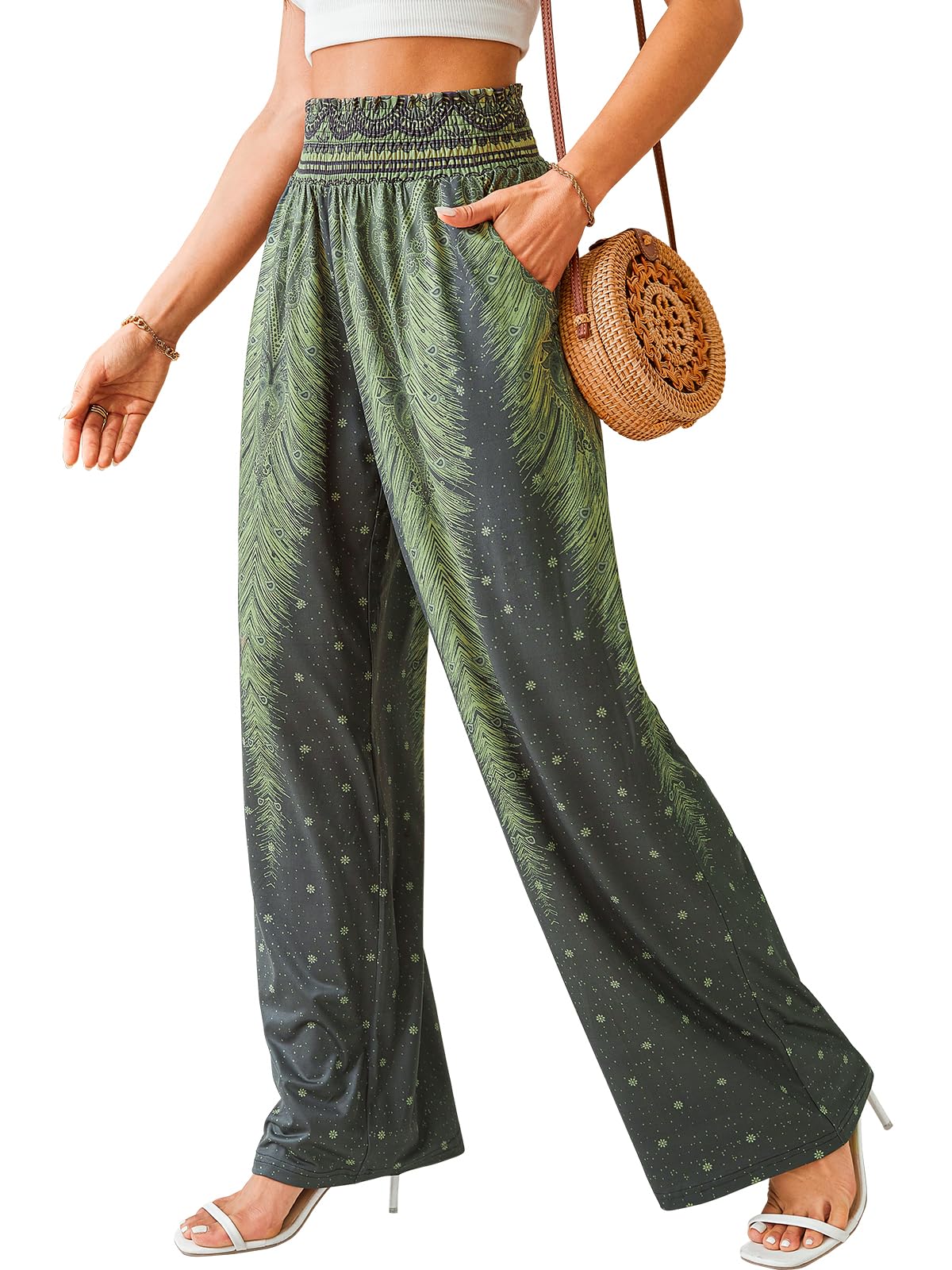 QIANXIZHAN Women's Boho Pants, Wide Leg High Waist Harem Pants Hippie Yoga Clothes with Pockets