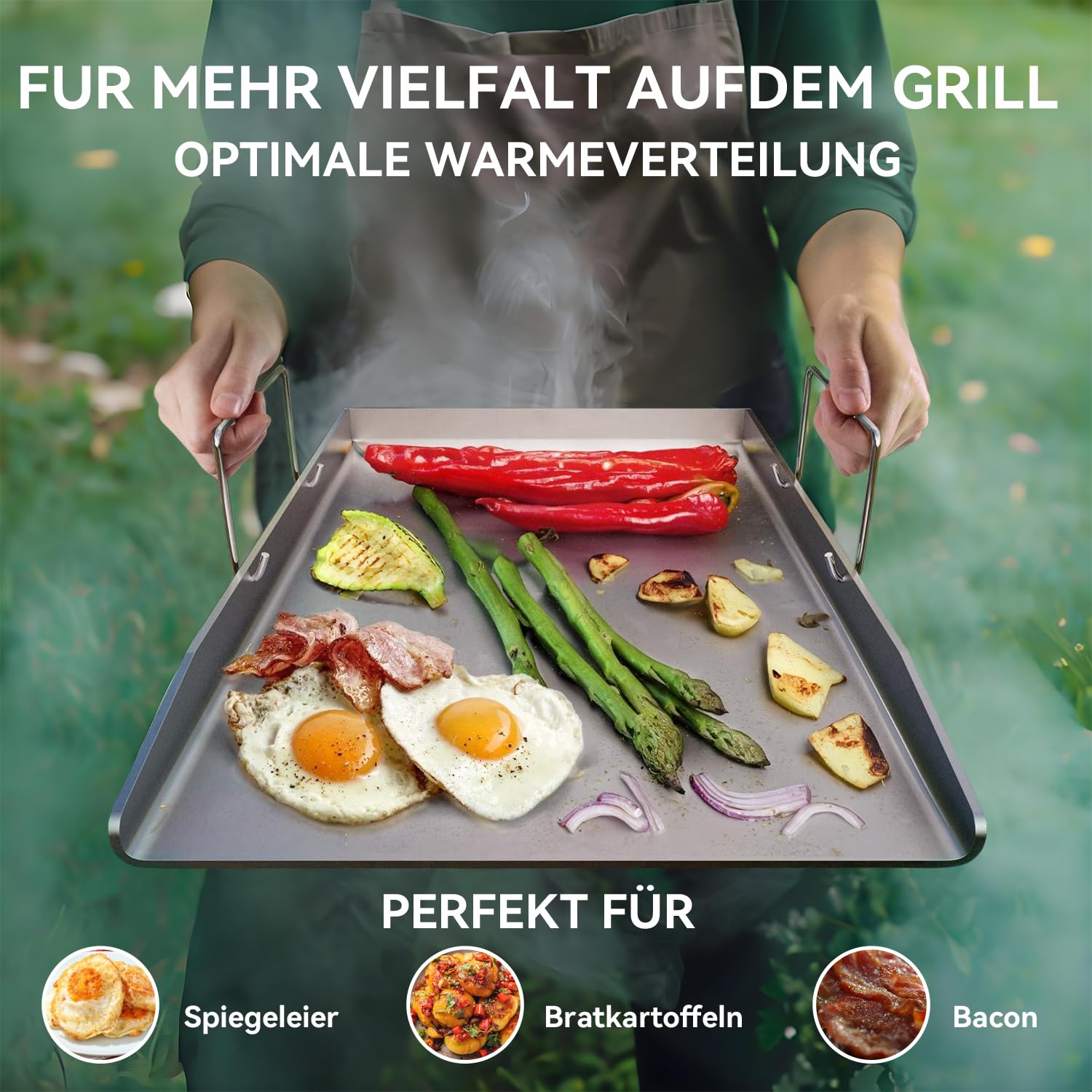 Edelstahl Grillplatte Plancha 40 x 30 x 4 cm mit 2 Grillspachteln, Abnehmbaren Griffen für Weber, Enders, Burnhard Ersatzteile Zubehör – BBQ Grillplatte für Gasgrill & Holzkohlegrill