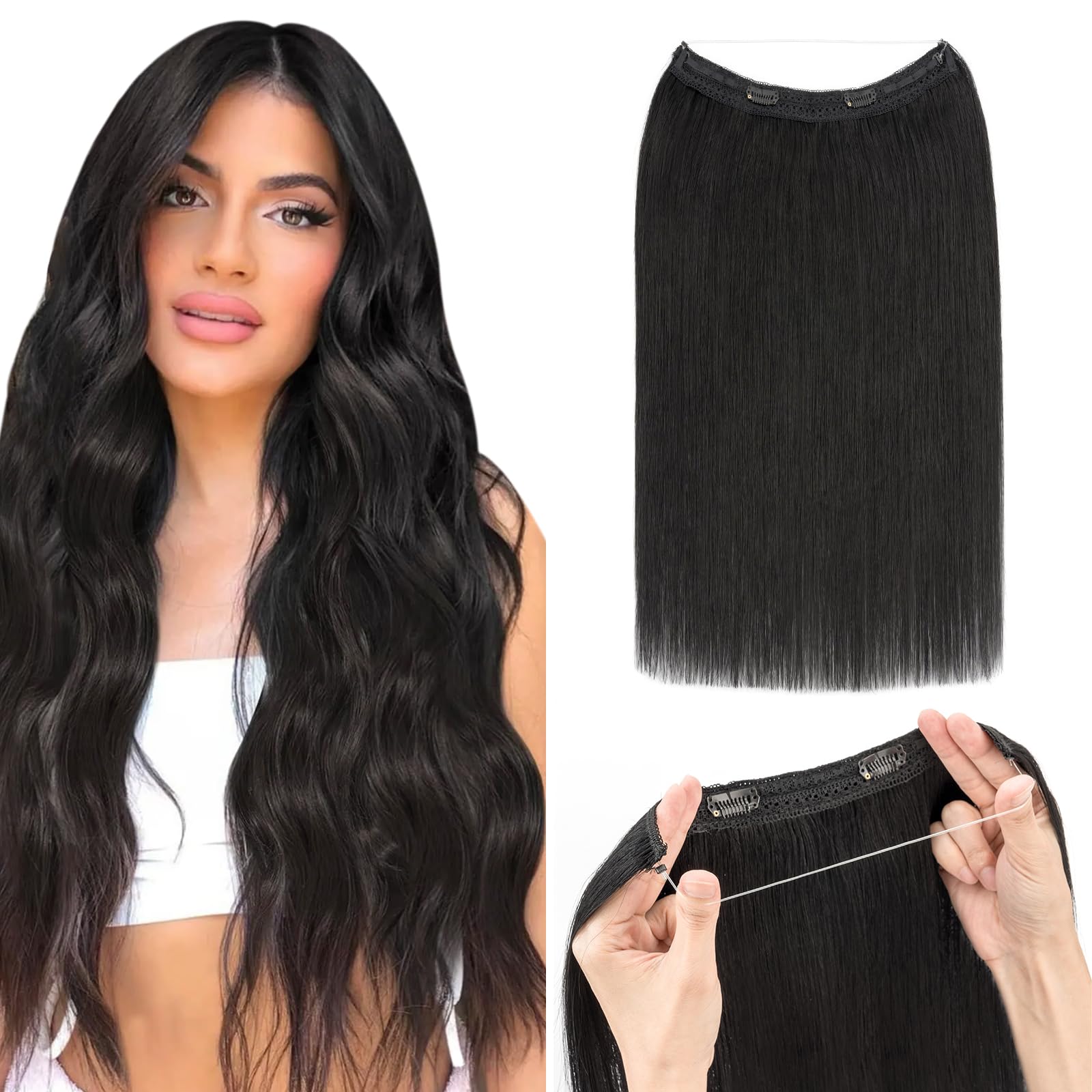 Silk-co Secret Wire In Hair Extensions With Clip Invisible Remy Human Hair One Piece Straight Natural Invisible Adjustable Secret Wire Hairpiece Extensions 14 Inch-60g #01 Jet Black