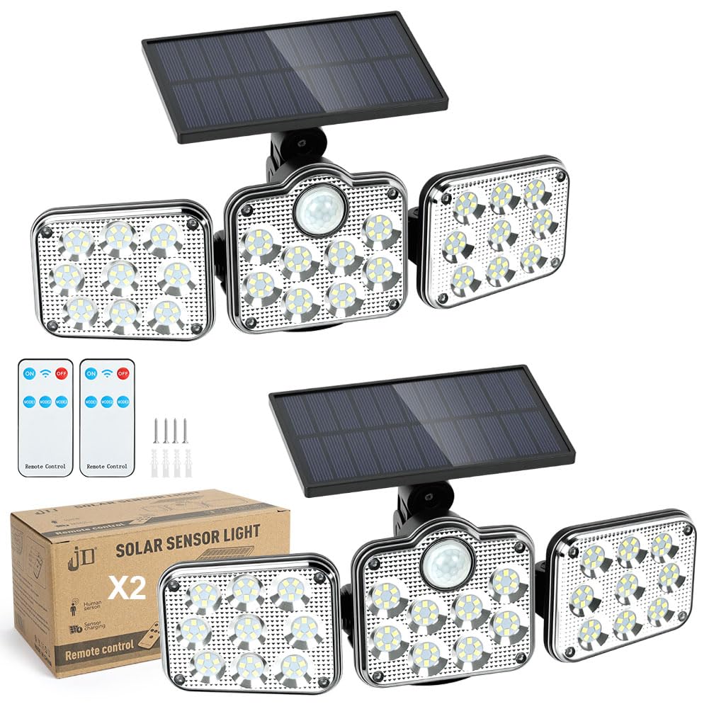 Adiwo 2PCS Solar Security Light Outdoor Light, 3-Head Solar Wall Light with Remote, 2400mAh 138 LED, Motion Sensor, IP54 Waterproof, 3 Modes, 270° Ultra Wide Angle Lighting, for Yard Garage Door