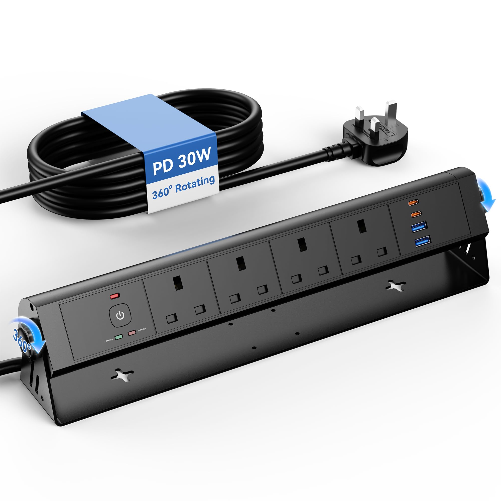 360° Rotating Power Strip with USB-C PD 30W, 4 Way UK Extension Lead, 2 USB-C & 2 USB-A Ports, Surge Protection, Desk or Wall Mount Power Socket for Home Office & Kitchen Worktops, 1.8m Cable