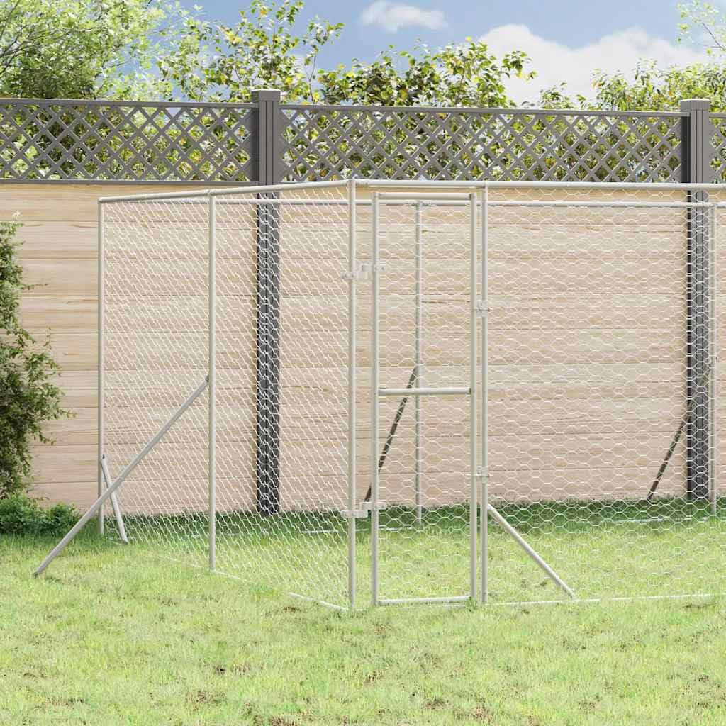 Outdoor-Hundezwinger aus verzinktem Stahl silbern 8x8x2 m mit abschließbarer Tür, wetterfestes Freilaufgehege für Hund, Kleintiere, Garten, Training, Schutz und Sicherheit