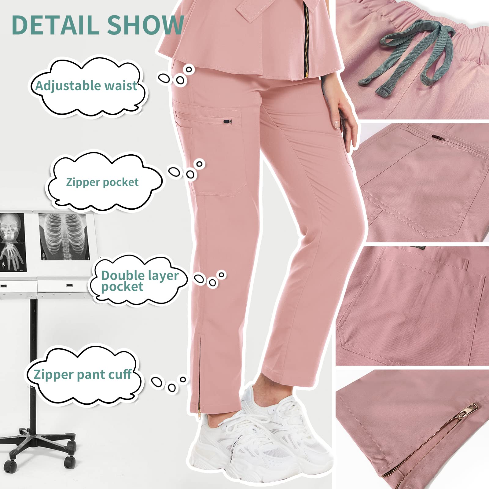 niaahinn Scrub Set for Women Medical Uniform Scrub Top & Pants with Zipper Drawstring Pants Nursing Dental Workwear (Pink,XS,X-Small)