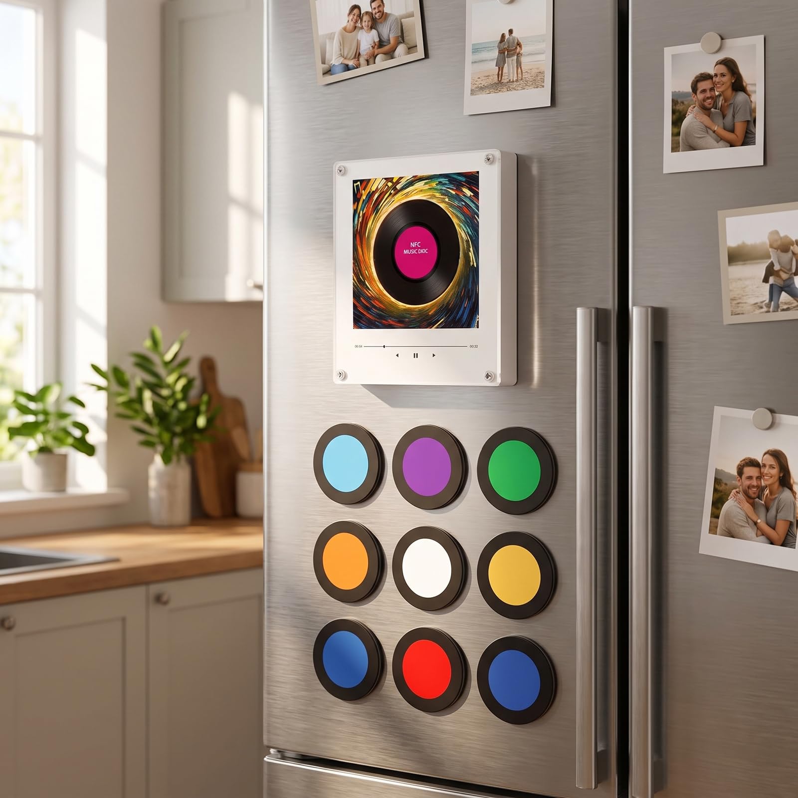 Lettore Musicale Magnetico da Frigo, Magnete per Frigorifero con Carillon, Mini Giradischi Magnetico con 9 Dischi, Jukebox Magnetico con Rotazione Ed Effetti Luminosi, 2