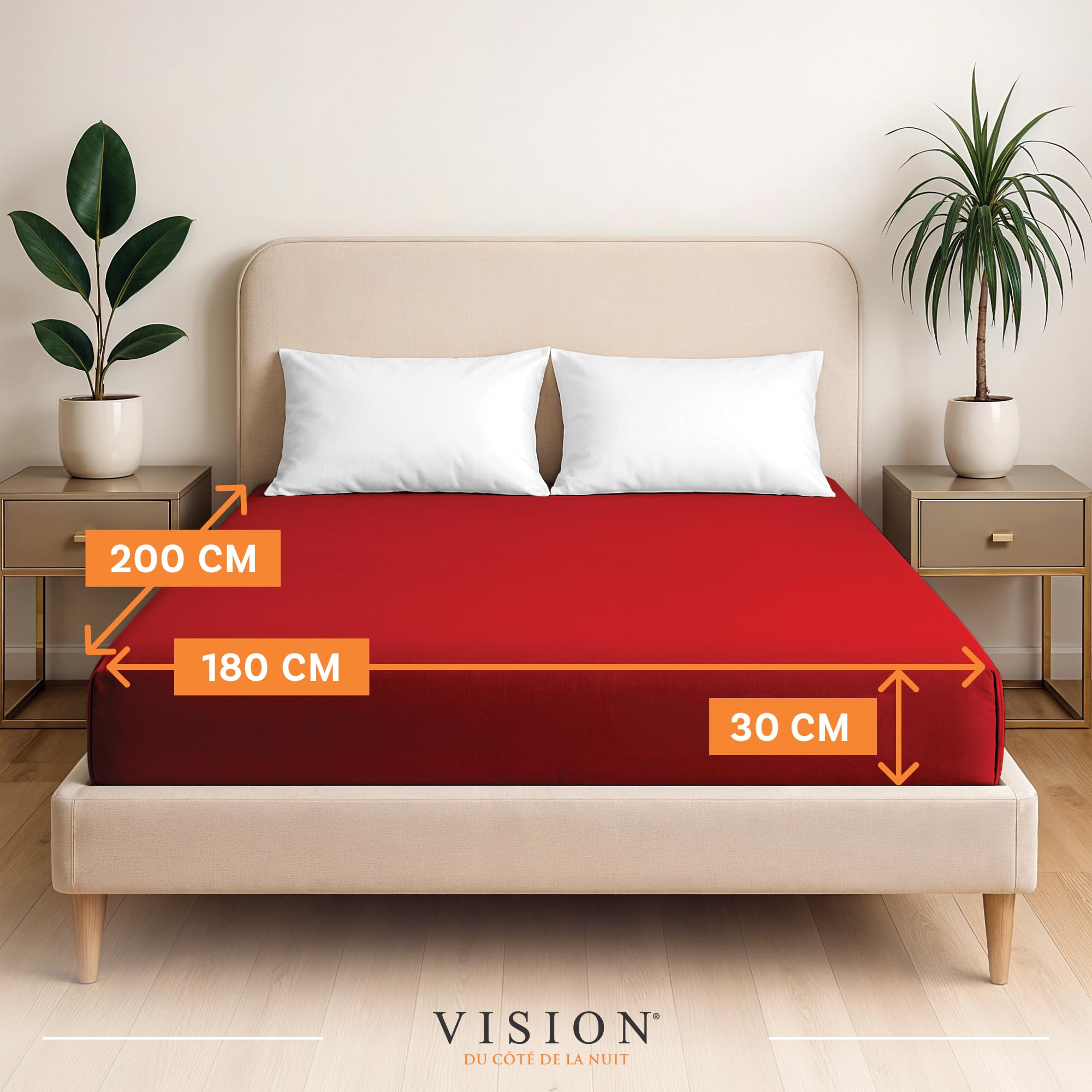 VISION Lenzuolo con angoli - 100% cotone - Letto matrimoniale (180 x 200 cm) - Angoli elasticizzati - Adatto a materassi fino a 30 cm - Certificato Oeko-Tex - Lavabile in lavatrice - Colore: rosso