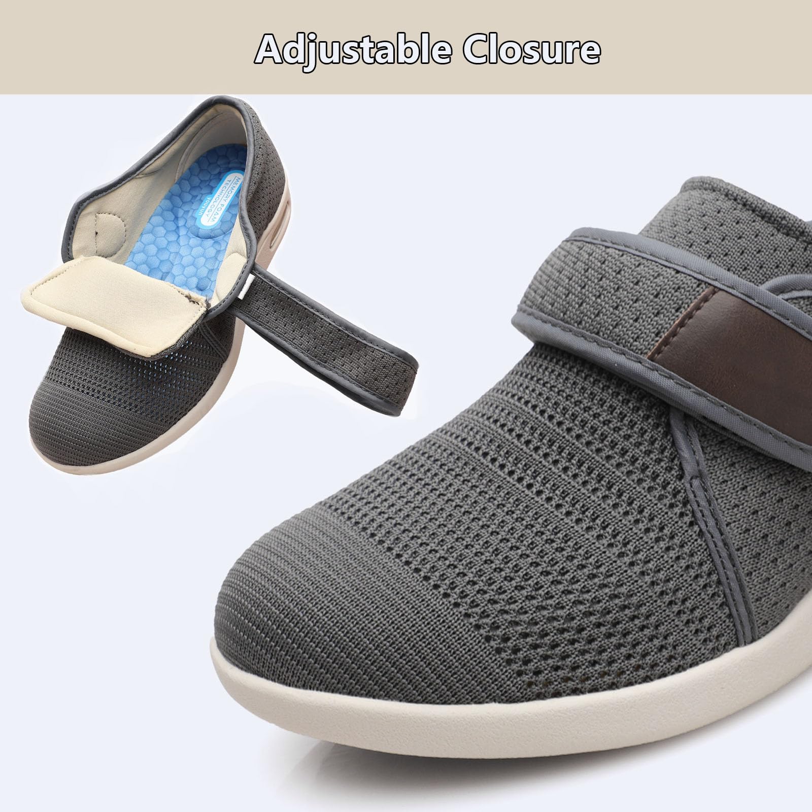 Bardzo szerokie buty do chodzenia z obrzękiem dla mężczyzn i kobiet, łatwe zapinanie, wygodne i oddychające, buty do chodzenia w pomieszczeniach i na zewnątrz na opuchnięte stopy (Dark Gray Men 8)