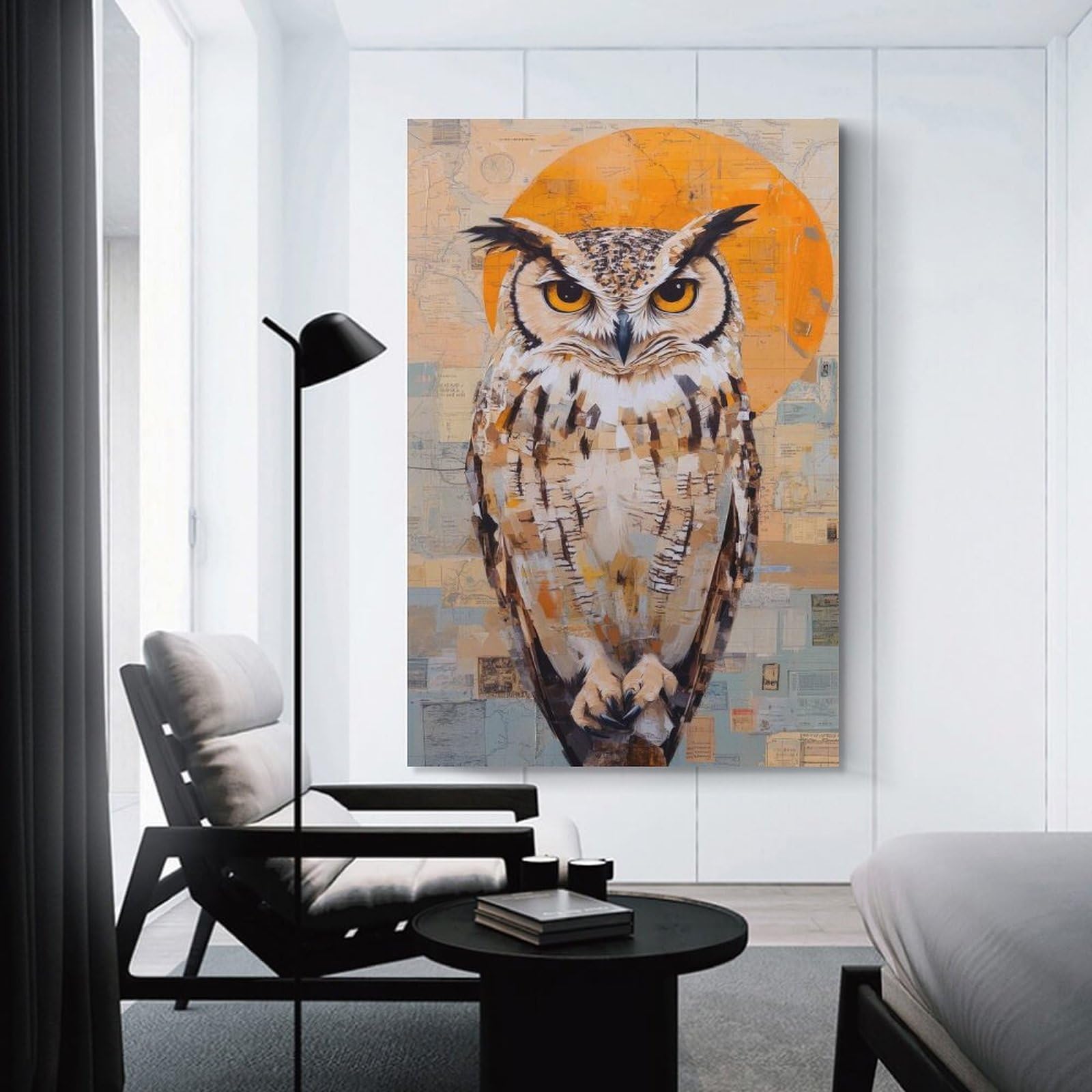 Junmoney Canvas Art Print Owl Portrait with Map Background, 16x24inch(40x60cm), for Office, Study Or Home Workspace, Home Office Artwork with Decorative Appeal
