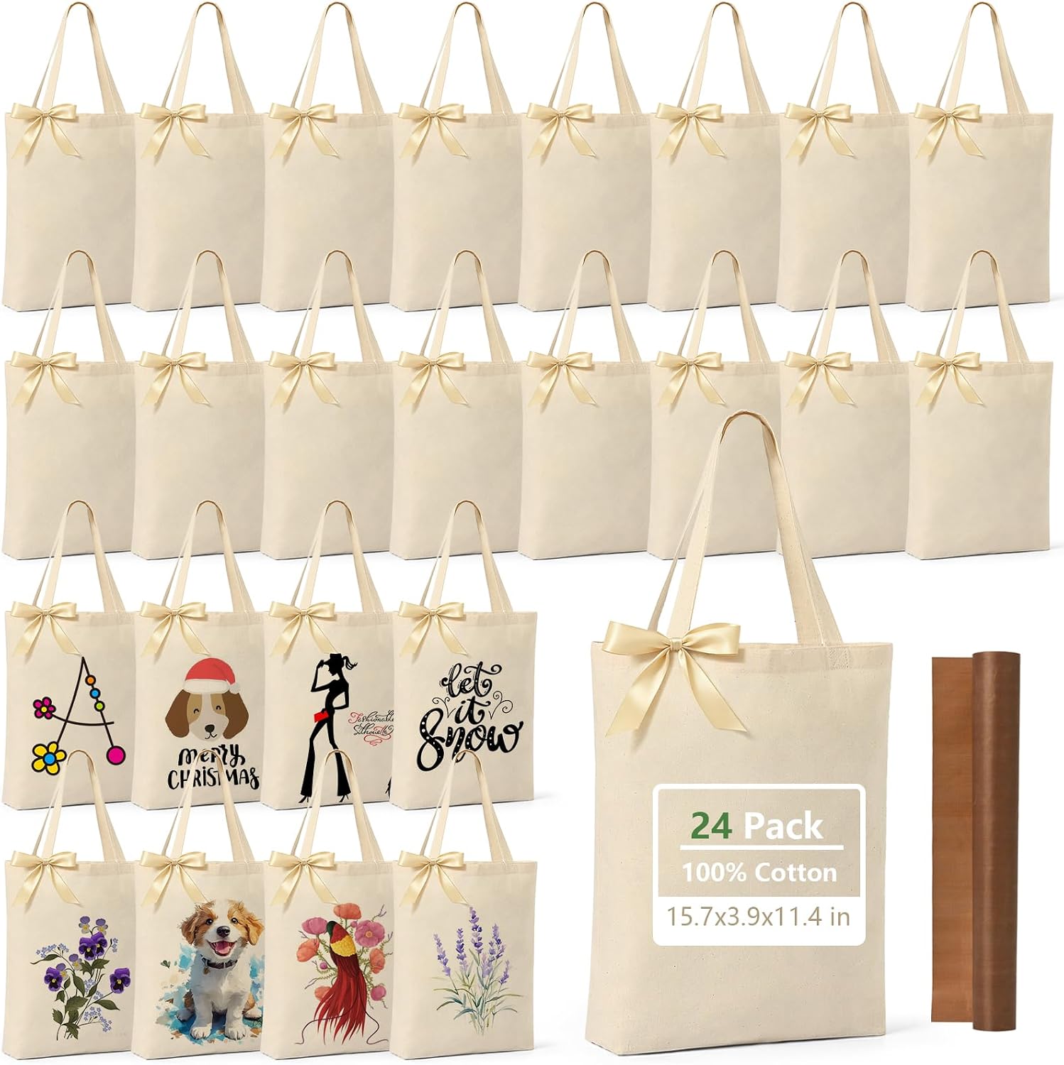 2 I 12 I 24 Pack Canvas Tote Bag Bulk, Cotton Blank Bags w/PTFE Sheet, 5OZ Lightweight Reusable Grocery Shopping Bag