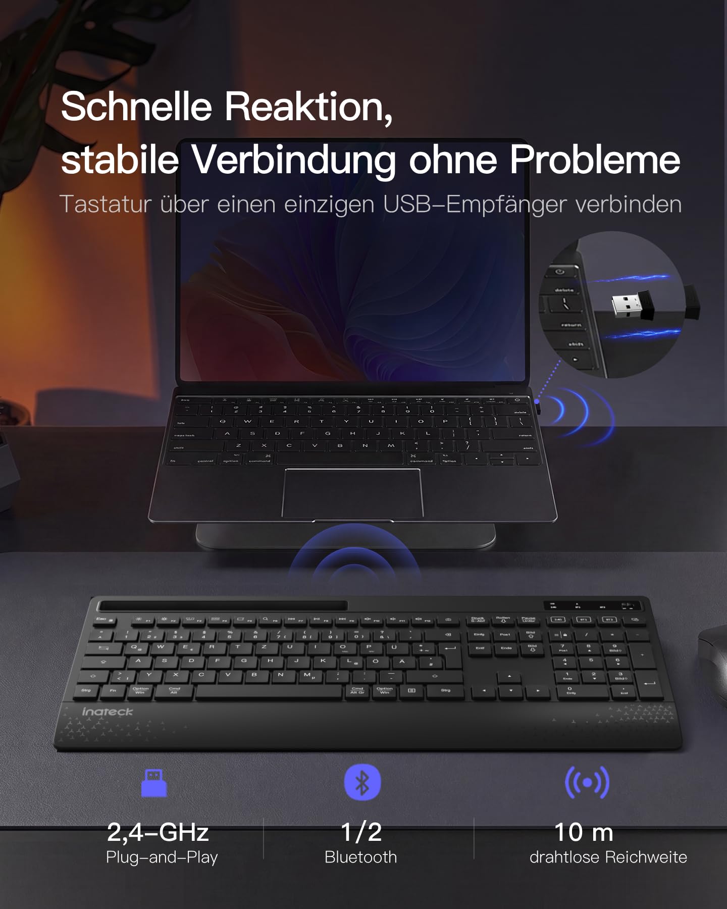 Inateck Ergonomisches Tastatur Kabellos,Funktastatur QWERTZ in voller Größe