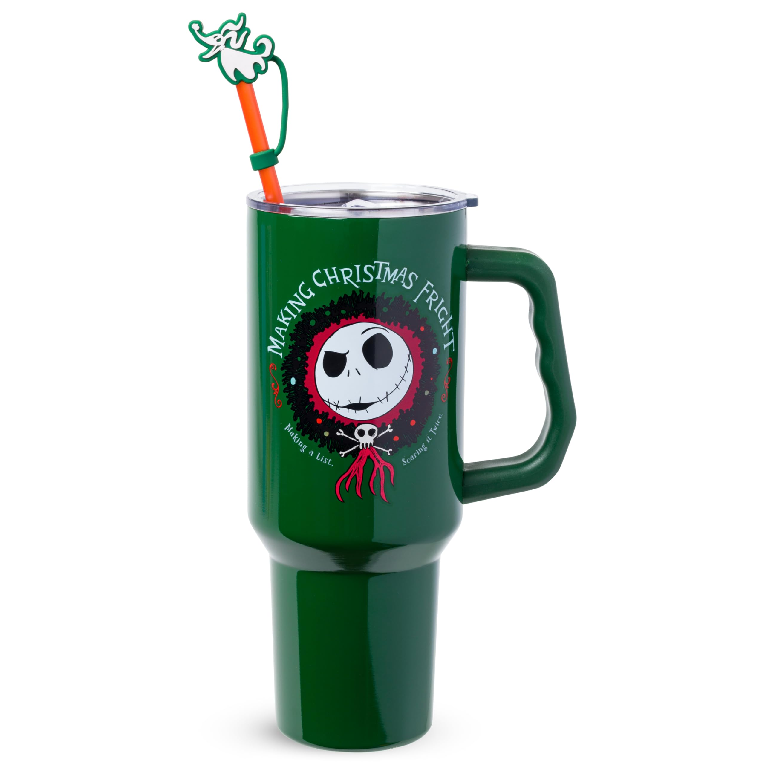 Silver Buffalo Disney Nightmare Before Christmas Making Xmas Fright Jack Skellington & Zero Double Walled Stainless Steel Tumbler w Handle, Straw, and Straw Cap, Fits in Standard Cup Holder, 40 Ounces