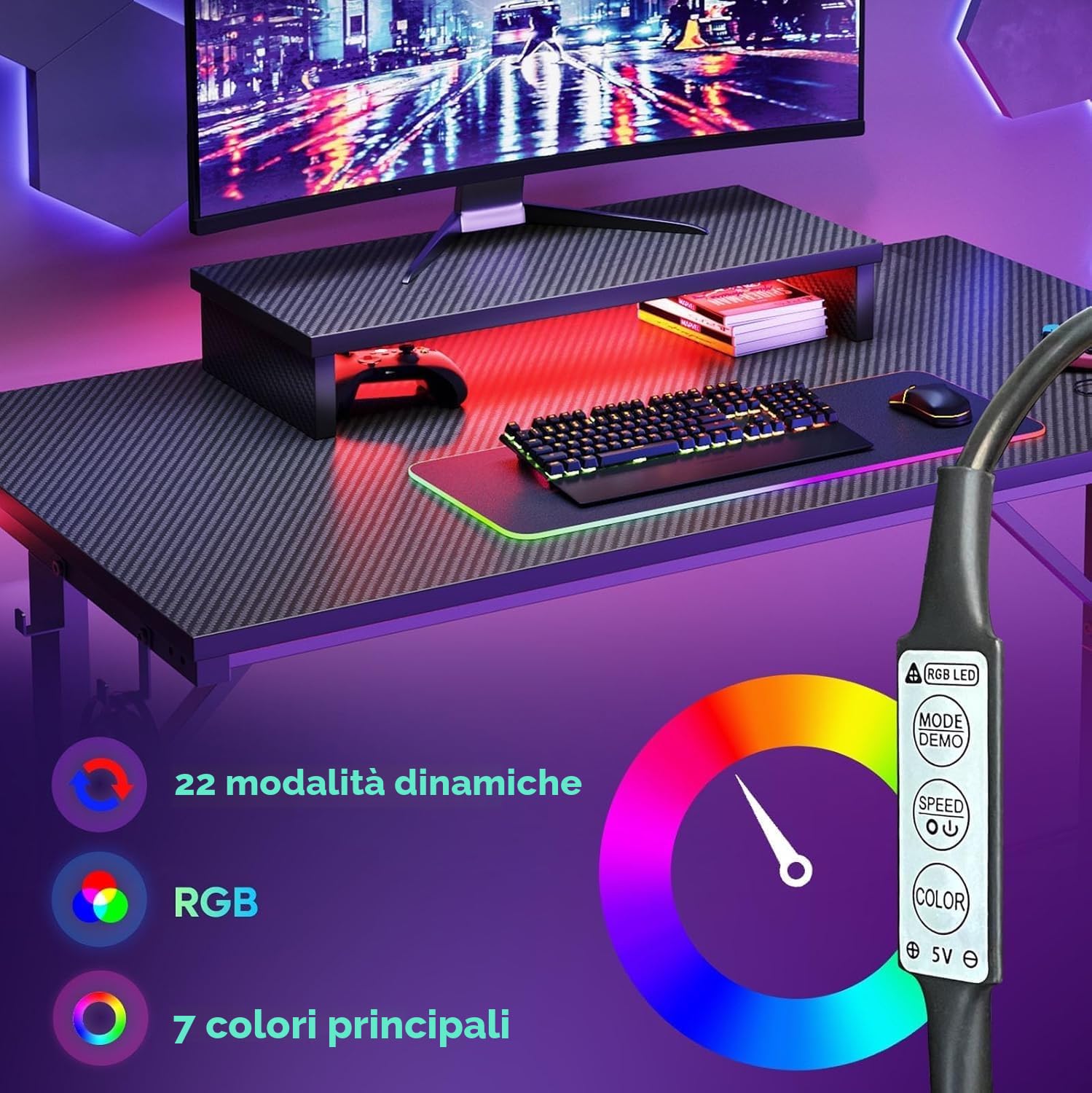 Bestier Scrivania da Gioco LED per PC con Supporto per Monitor, Tavolo Stabile per Computer con Portabicchieri e Gancio per Cuffie, 106 cm (Nero)