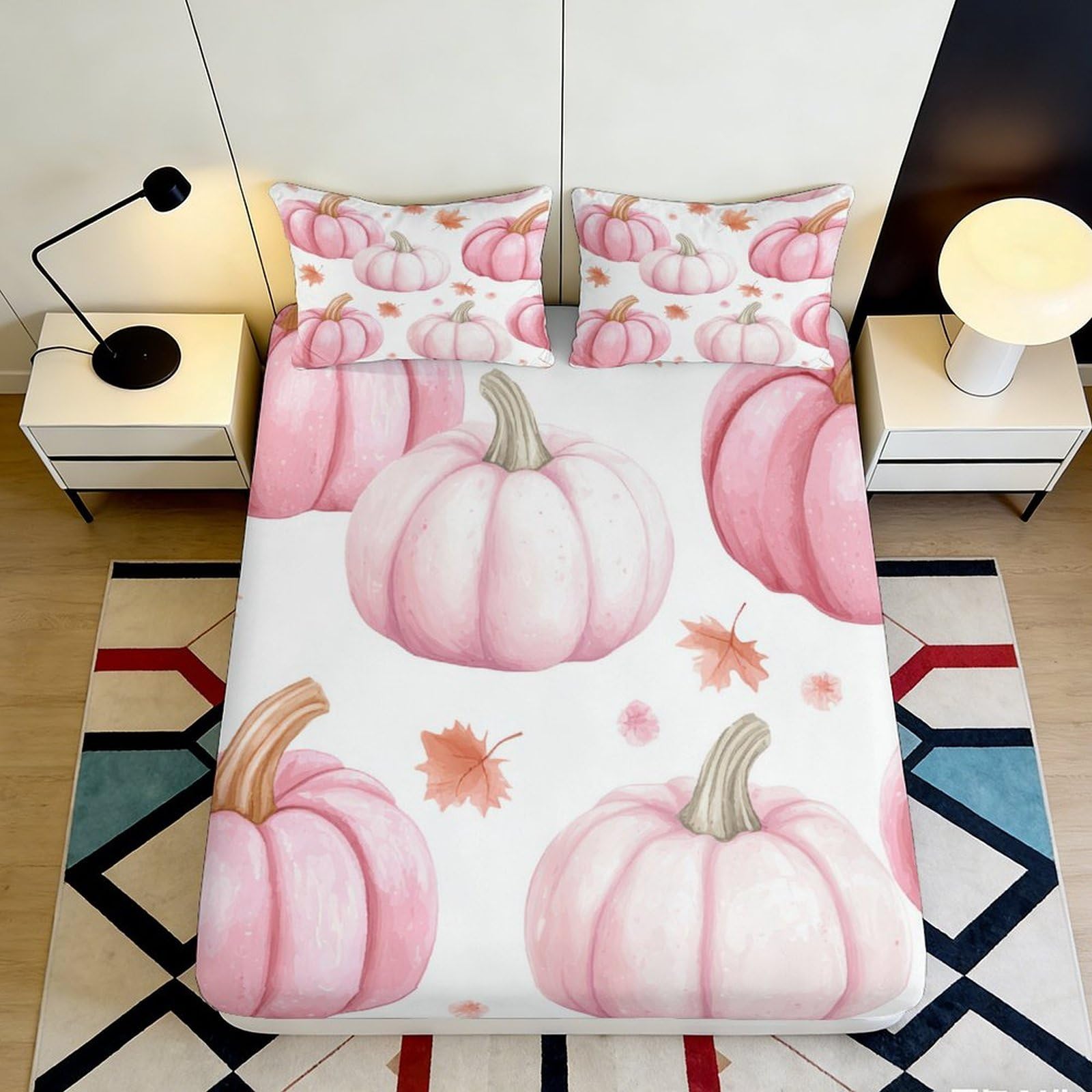 Jqzkxnhpbr Style-8 3D Printed Pink Pumpkin Fitted Sheet Microfiber Soft Autumn Leaves Bed Sheet For Bedroom Guest Room Mattress Protection 90X200x25cm