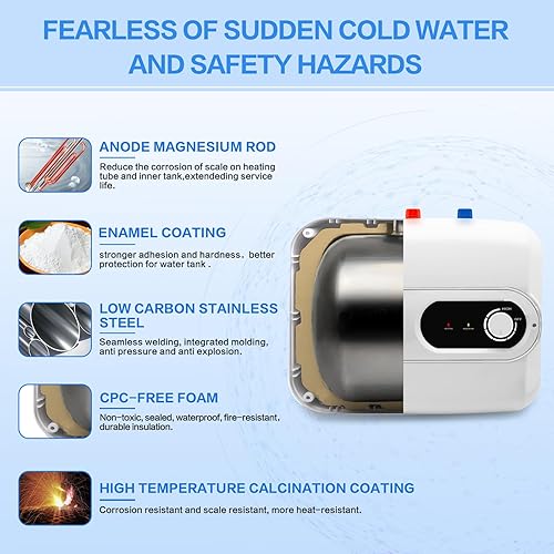 Miniatura 4 de Fisoceny Mini tanque calentador de agua eléctrico debajo del fregadero, calentador de agua caliente instantáneo de 4 galones, 110 V, 120 V, 1500 W,