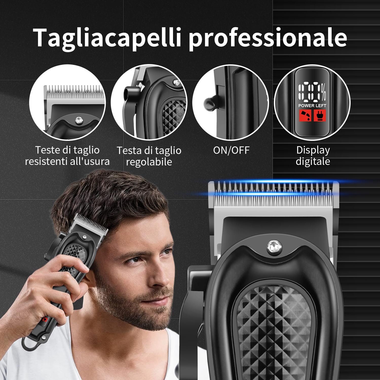 HIENA PRO Tagliacapelli Uomo Professionale, Macchinetta per Capelli Senza Fili, Regolabarba, Rasoio a Lamina, Kit Completo per Rasatura e Taglio di Capelli Elettrico