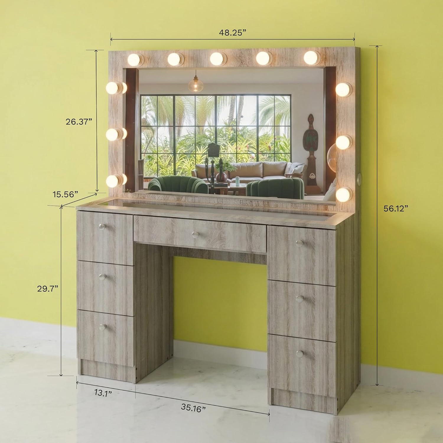 Boahaus Nova Vanity Desk with Framed Bulb Mirror & Stool – 7 Drawer Integrated Makeup Station