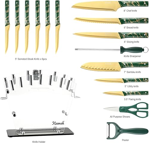 Miniatura 2 de Keewah Juego de cuchillos, juego de cuchillos de cocina de 16 piezas con soporte acrílico, dorado