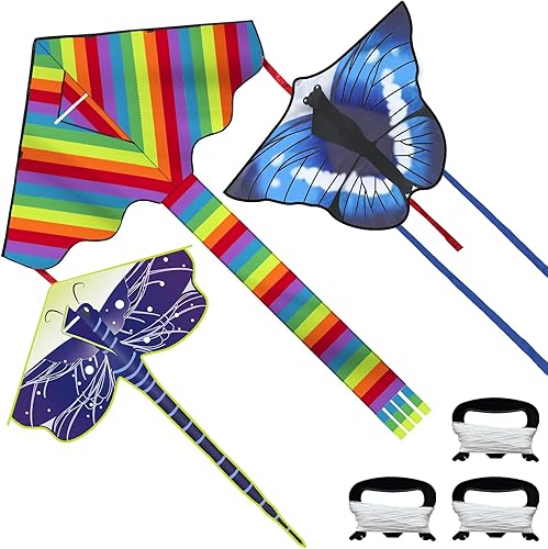 3 Packs Large Delta Kite Easy to Fly Butterfly Rainbow Dragonfly Kites for Kids and AdultsBeach Kites with String for Outdoor Games and Beach Trip