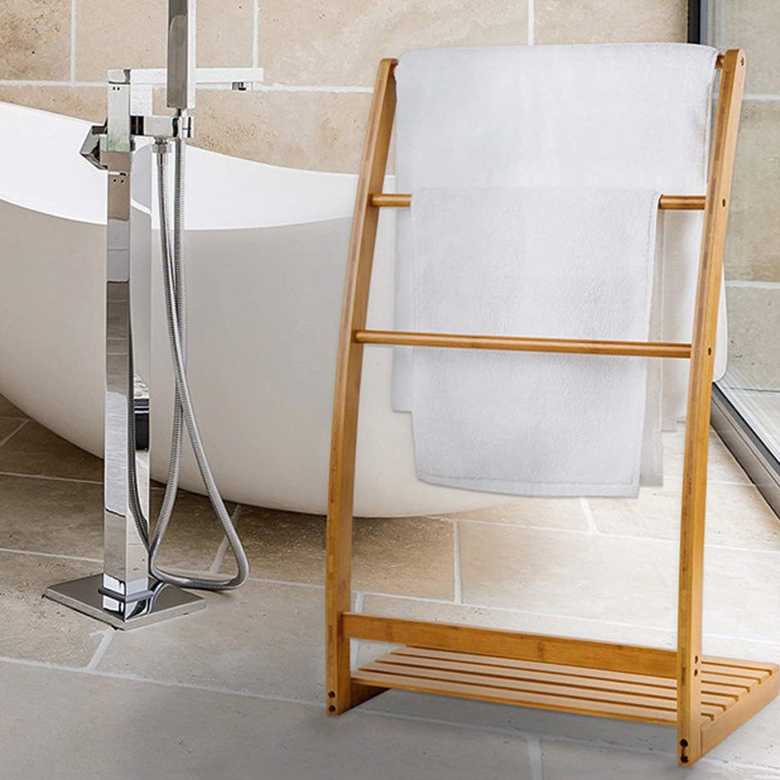Toallero De Bambú para Baños, Toalla De Playa Independiente Y Estante Junto A La Piscina con Estante De Almacenamiento Inferior, Soporte para Edredón O Manta para Sala De Estar O Dormitorio