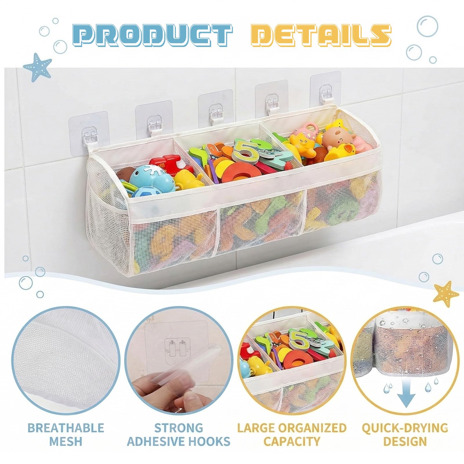 Bolsa de Almacenamiento para Juguetes de Baño de 3 Compartimentos - Malla Transpirable con 3 Ganchos Adhesivos, para Mantener el Baño Ordenado, Organización y Clasificación de Juguetes